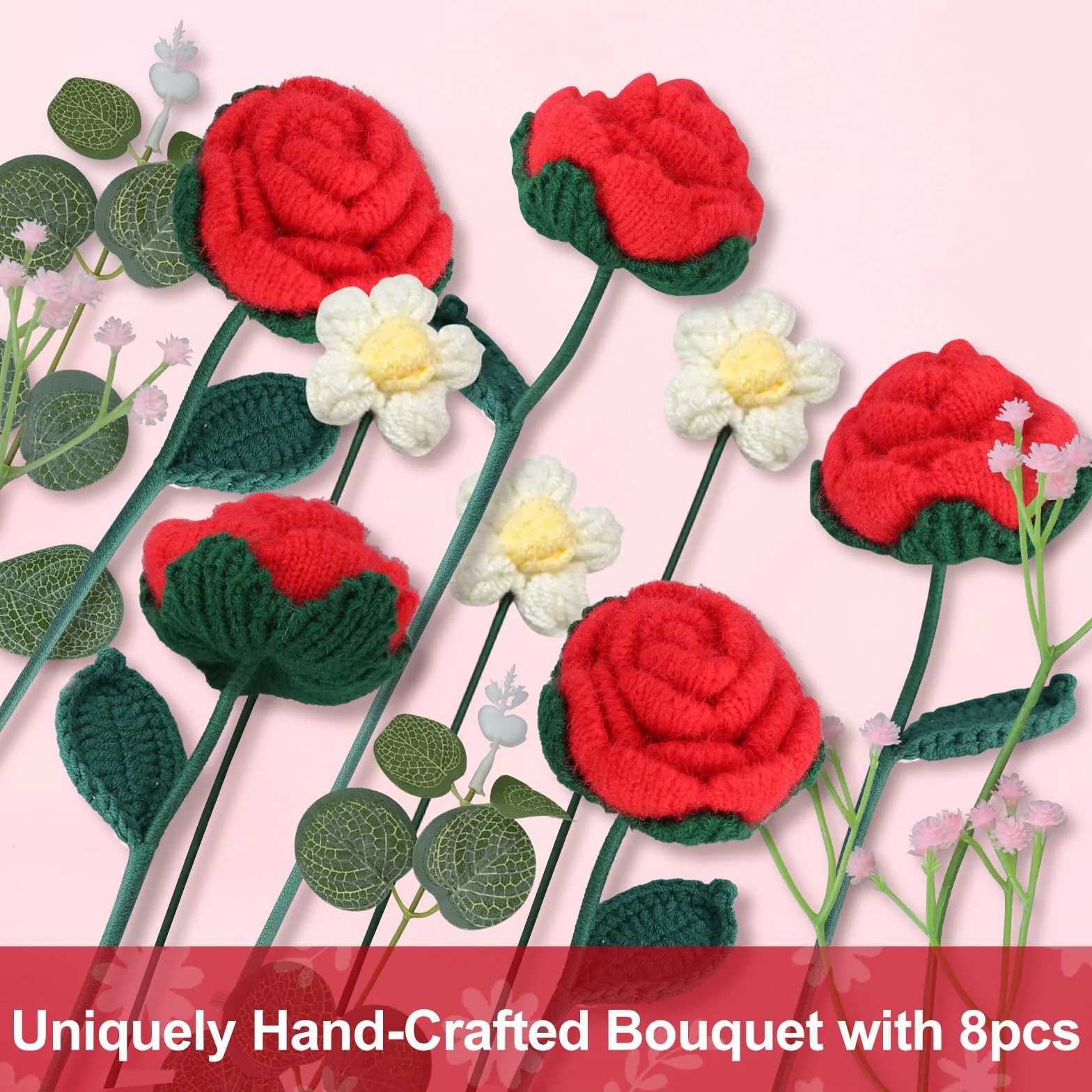 Foyucool Bouquet en Crochet Fait Main, Composition Florale Finie avec Sac Cadeau, Rose Rouge, Décoration Bureau, Idée Cadeau pour Femme