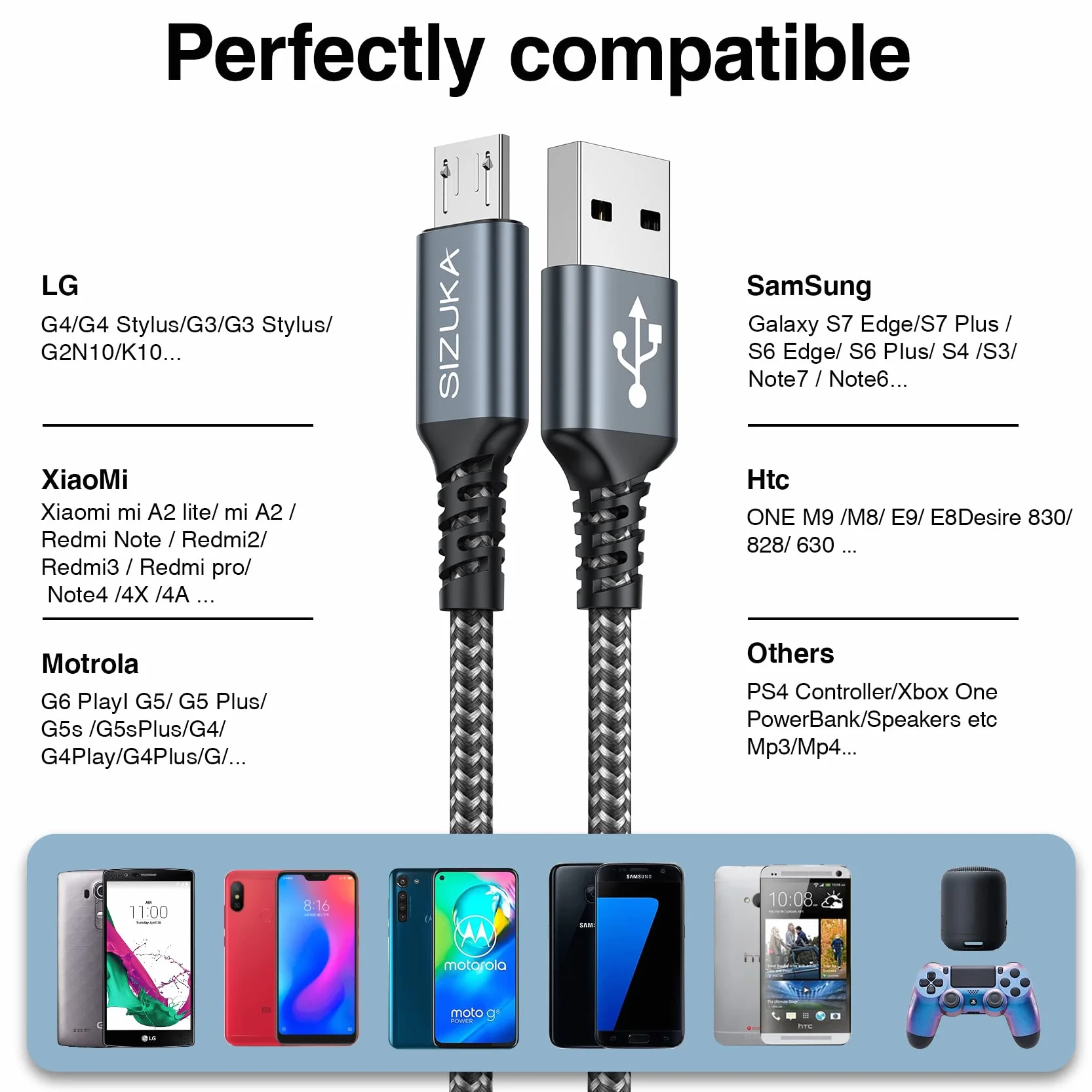 Câble Micro USB 1M Lot de 2 Chargeur 3A Charge Rapide Nylon Tressé pour Android Samsung Galaxy S7 S6 Edge