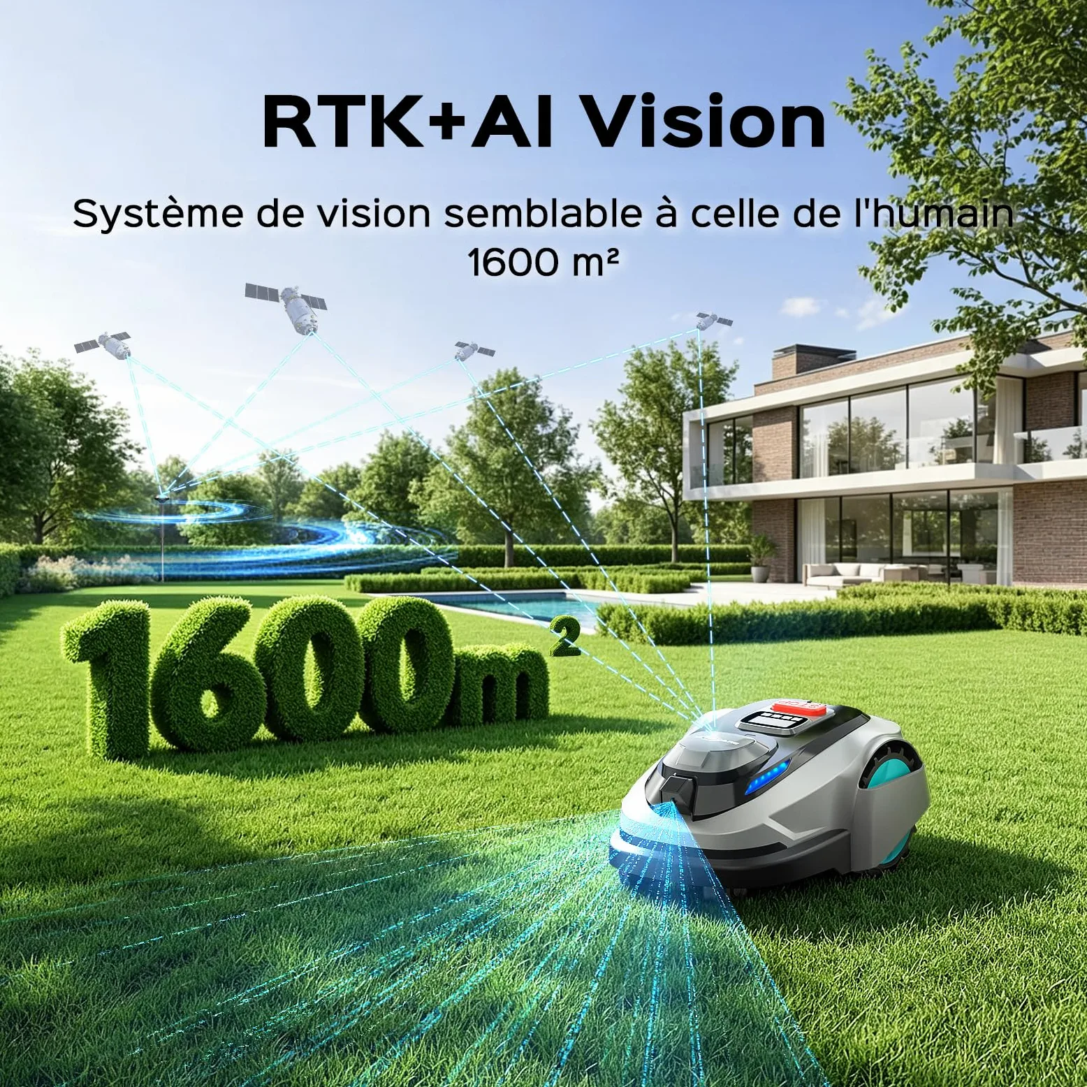 YARDCARE N1600PRO Robot Tondeuse sans câble périphérique, jusqu'à 1600 m², Navigation RTK et Vision IA, détection de Plus de 300 Obstacles, Tonte en U, APP Gestion Multi-Zones et Hauteur 20–60 mm