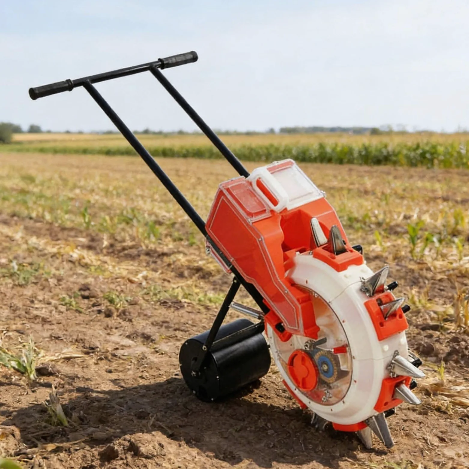 Handheld Seeder Semoir Planteur Épandeur Manuel à Poussée avec Roue Tasseuse Acier Inoxydable et Plastique Semis Régulier et Fertilisation Contrôlée, L 28CM, 6-Buse