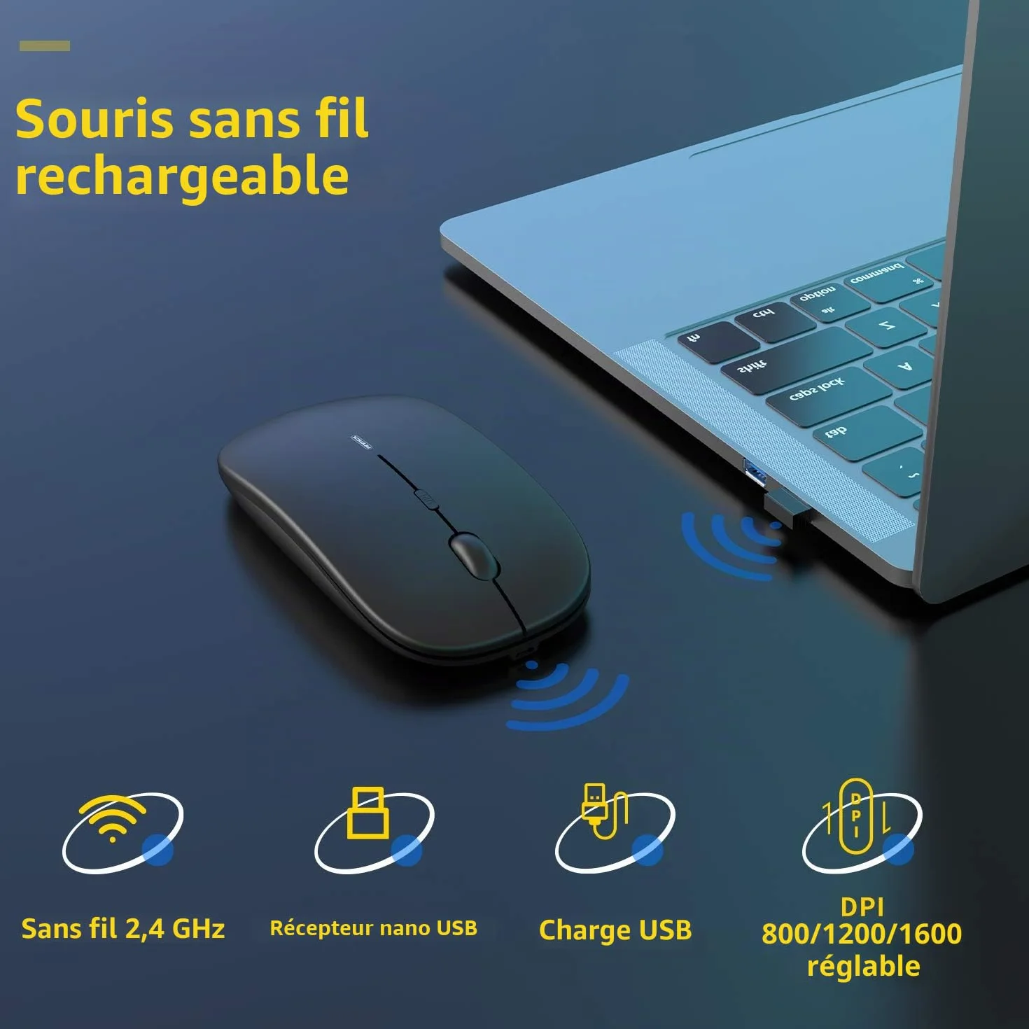 Souris sans Fil Silencieuse Rechargeable USB 1600 dpi 3 Niveaux de réglage 10 m Mini Ordinateur Portable PC