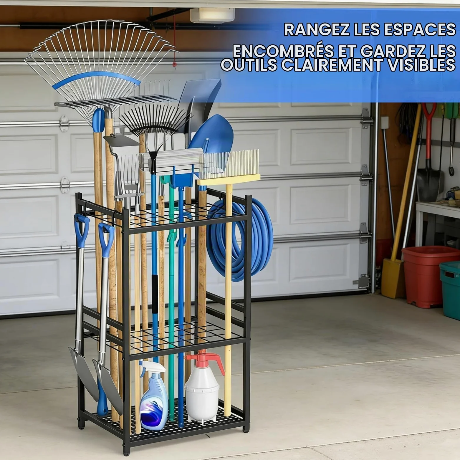 efuturetime Organisateur d'Outils de Jardin 35 Emplacements, 80 × 43 × 30cm | Support Rangement en métal, 3 Niveaux avec roulettes pour Garage Pelouse Abri