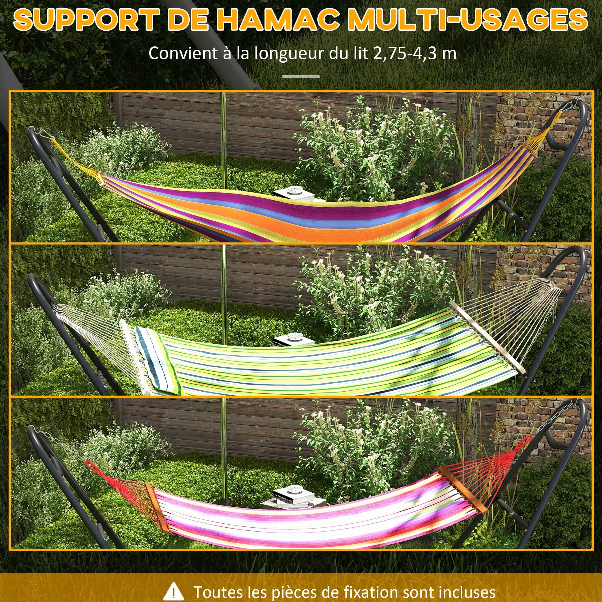 Outsunny Support de Hamac pour 2 Personnes, Cadre Métal Portable Réglable, Résistant aux Intempéries, Capacité 250 kg, Noir