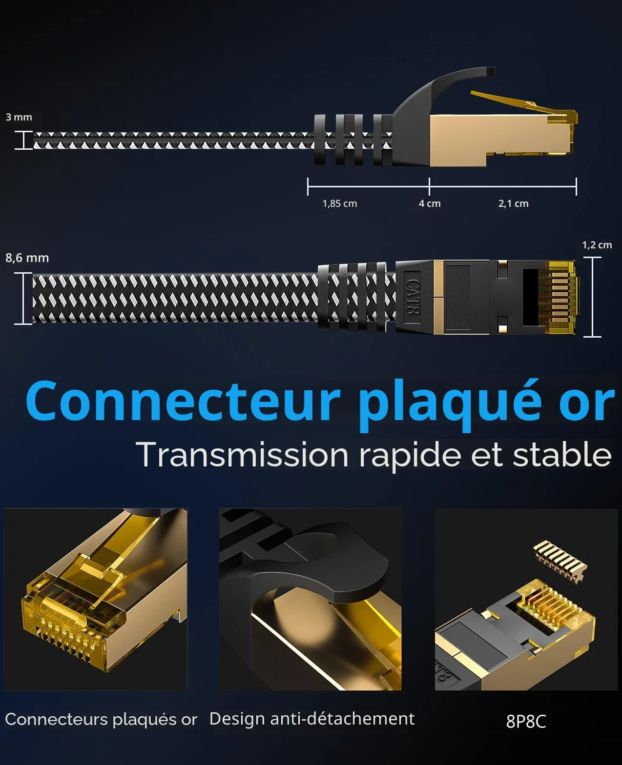 ARISKEEN Cat 8 Câble Ethernet 10M, Cat8 Tressé Plat Haut Débit 40Gbps 2000Mhz/s Gigabit Rj45 STP Câble Blindé Réseau Lan