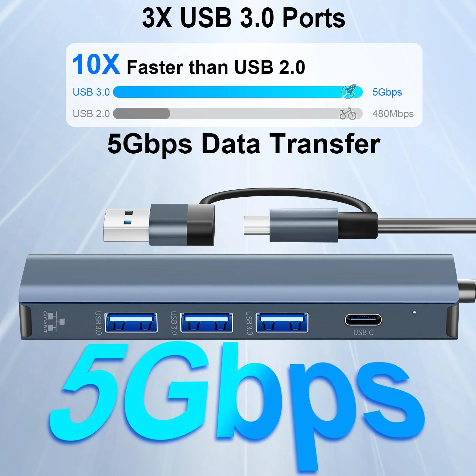 Adaptateur USB Ethernet 1000Mbps Hub Type-C 3.0 vers RJ45 Gigabit avec 3 Ports USB 3.0 et 1 Type-C