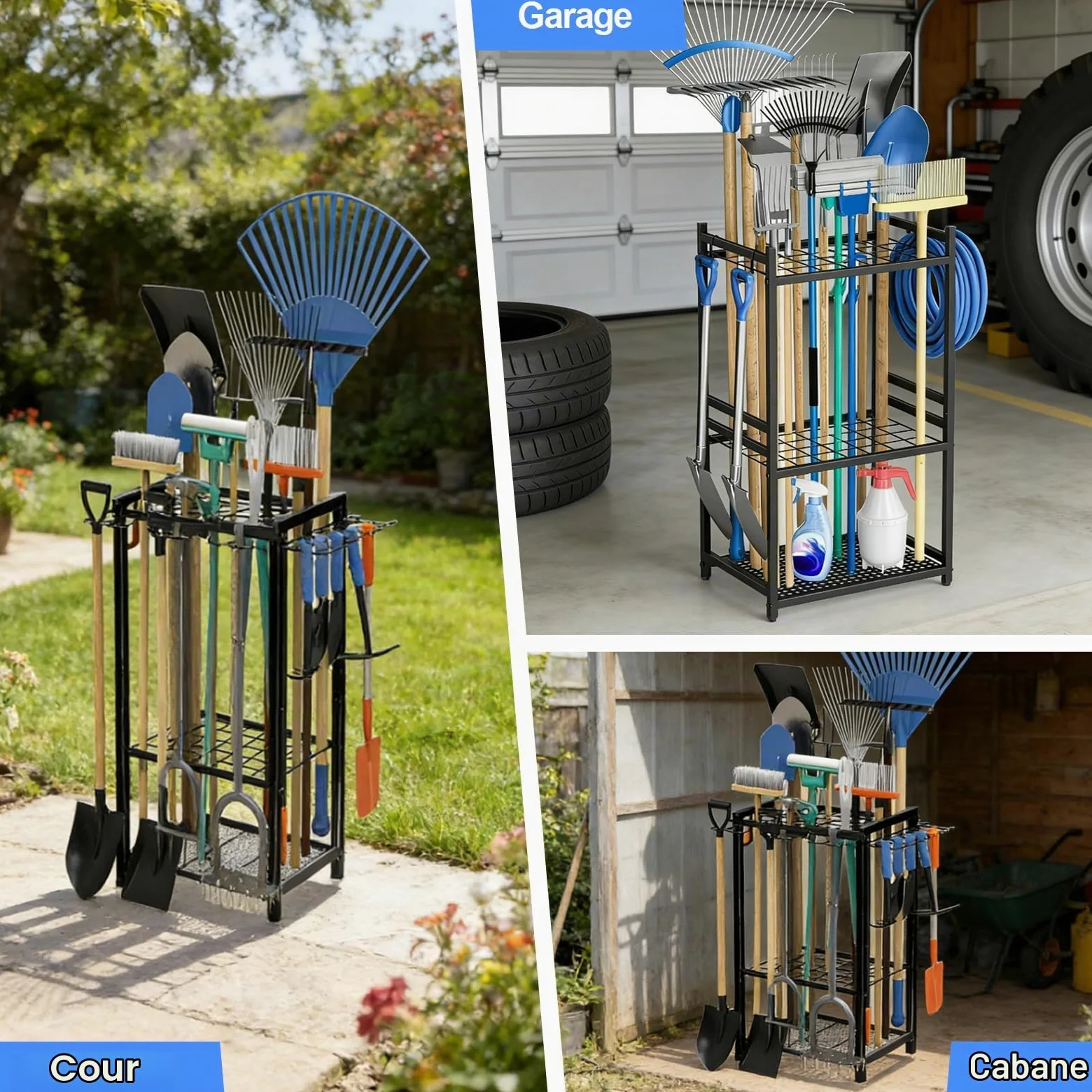efuturetime Organisateur d'Outils de Jardin 35 Emplacements, 80 × 43 × 30cm | Support Rangement en métal, 3 Niveaux avec roulettes pour Garage Pelouse Abri