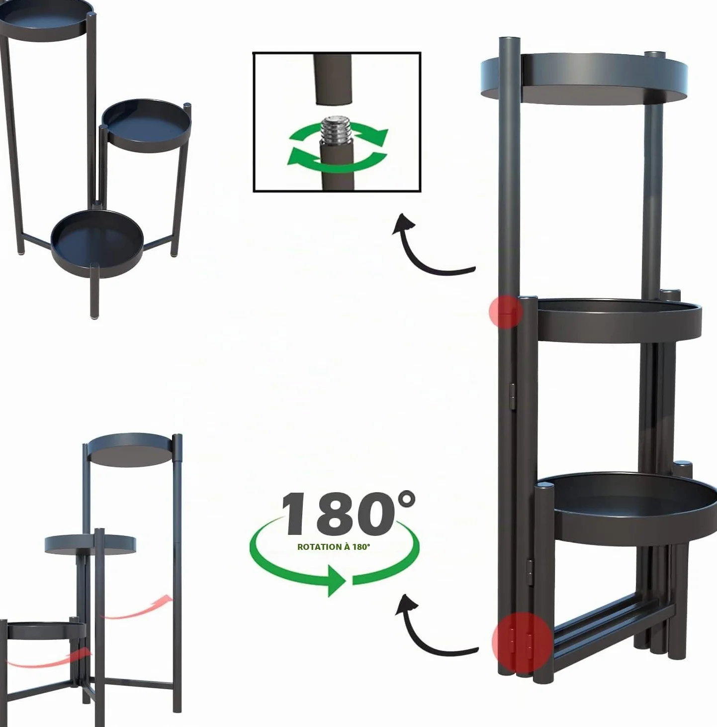 Support de plantes en métal 42 cm 3 étagères fer forgé présentoir d'angle vertical