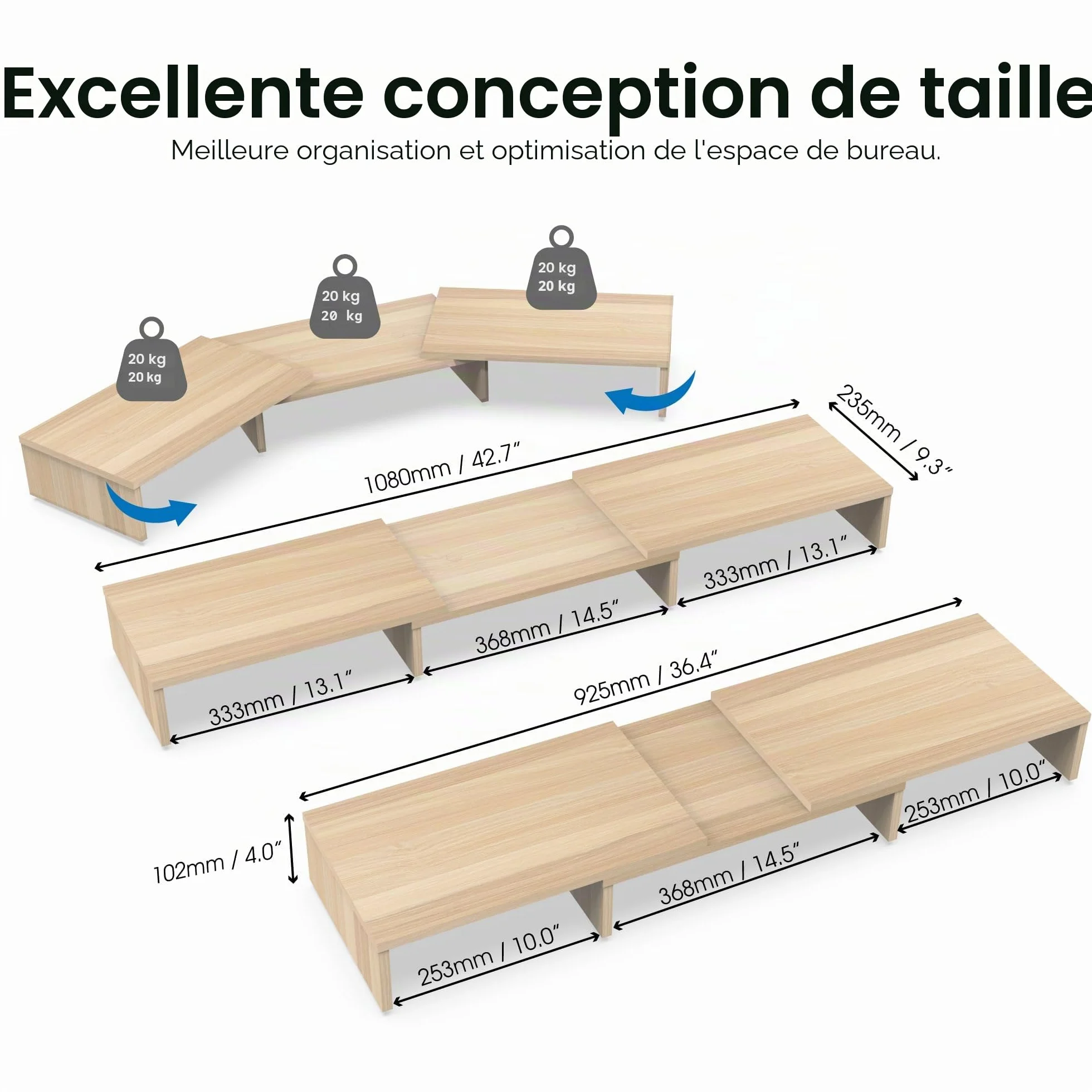 FITUEYES Réhausseur d'Écran en Bois Support de Moniteur Réglable 92,5-108x23,5x10,2cm Chêne