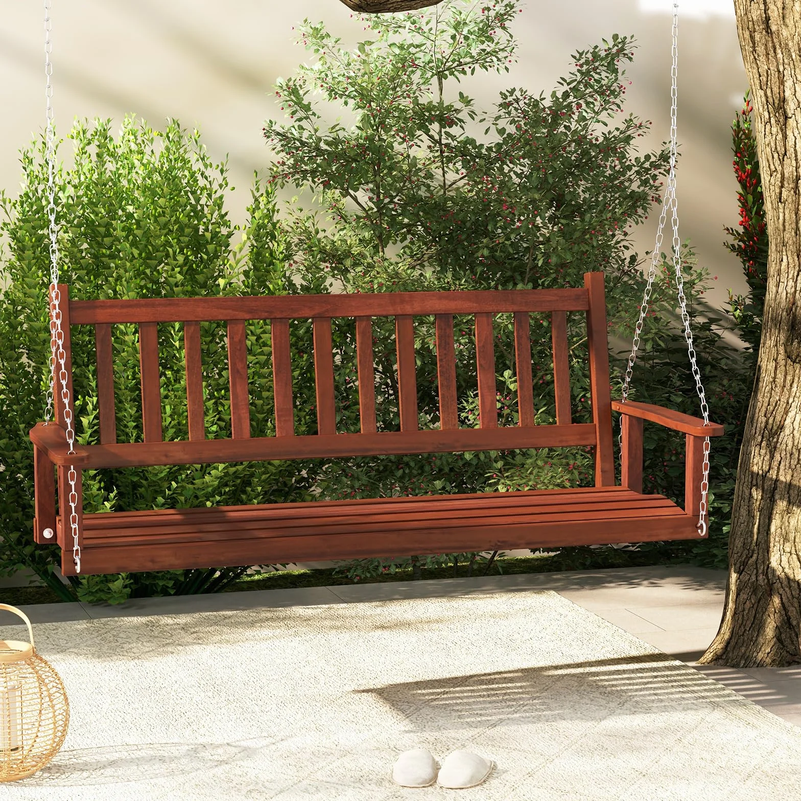 KOMFOTTEU Banc Suspendu 2-3 Places Balançoire Jardin Bois Massif Fauteuil Suspendu Charge 230/360 kg 168x65x63 cm Marron