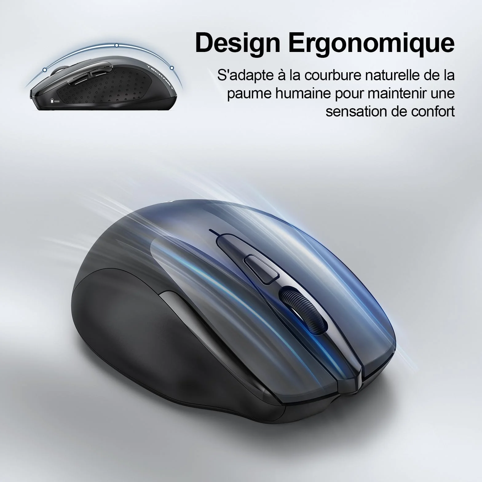 TECKNET Souris sans Fil Rechargeable Silencieuse 4800 DPI 6 Boutons Ergonomiques USB 2,4G Gris
