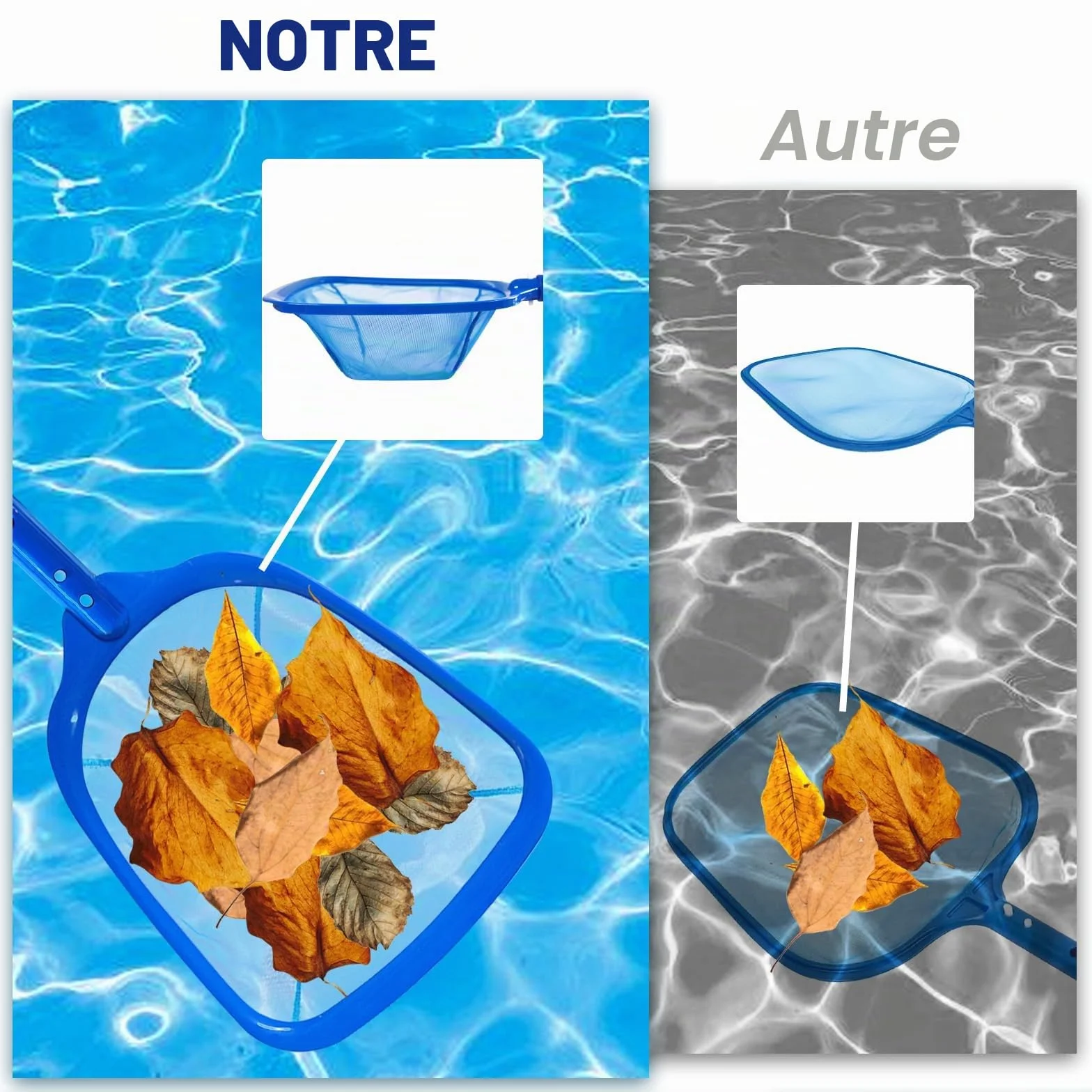 Épuisette Piscine 185 cm avec Manche Télescopique, Kit Nettoyage Piscine Maille Réglable