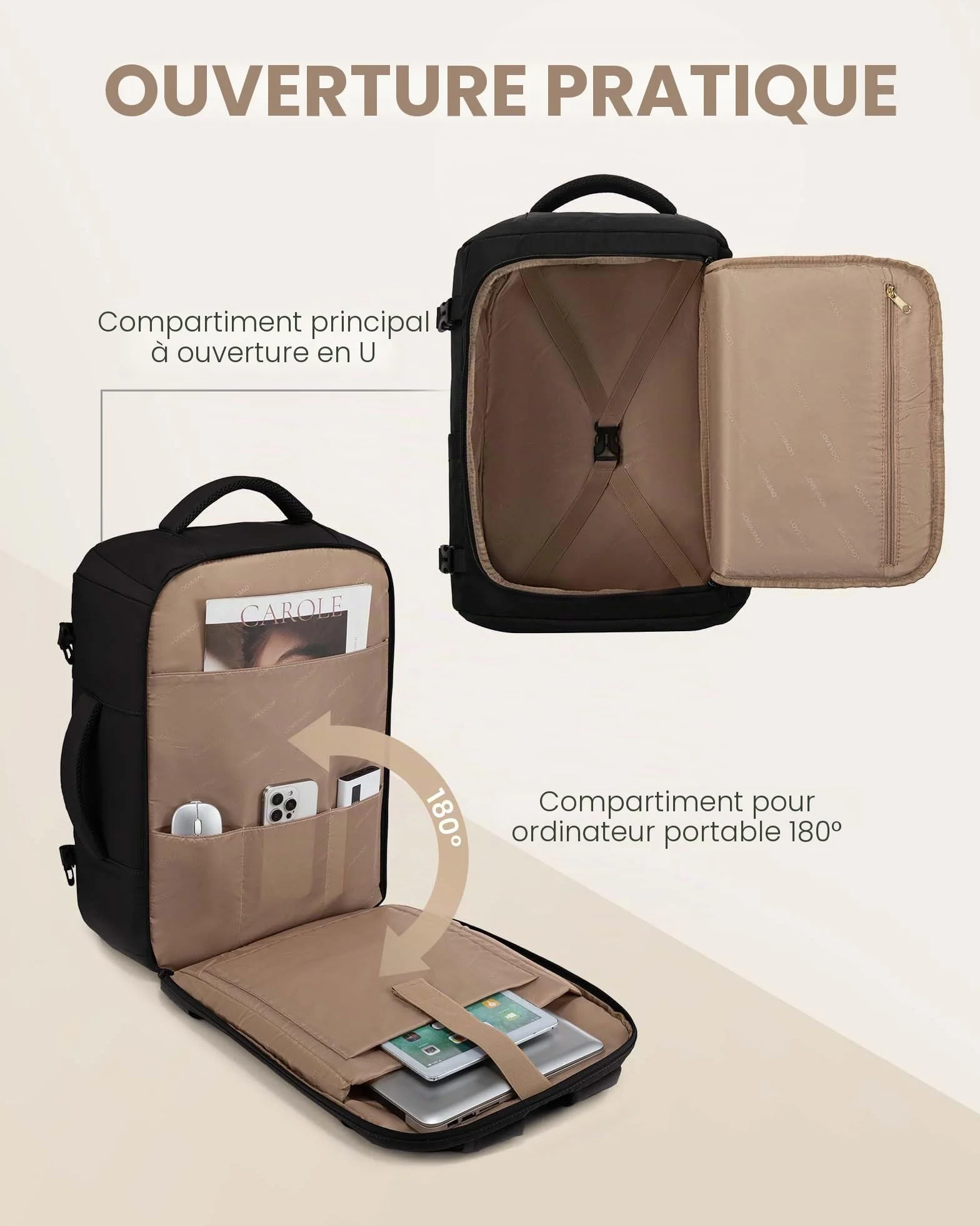 LOVEVOOK Sac À Dos Voyage Cabine Avion 40L Antivol Imperméable Ordinateur