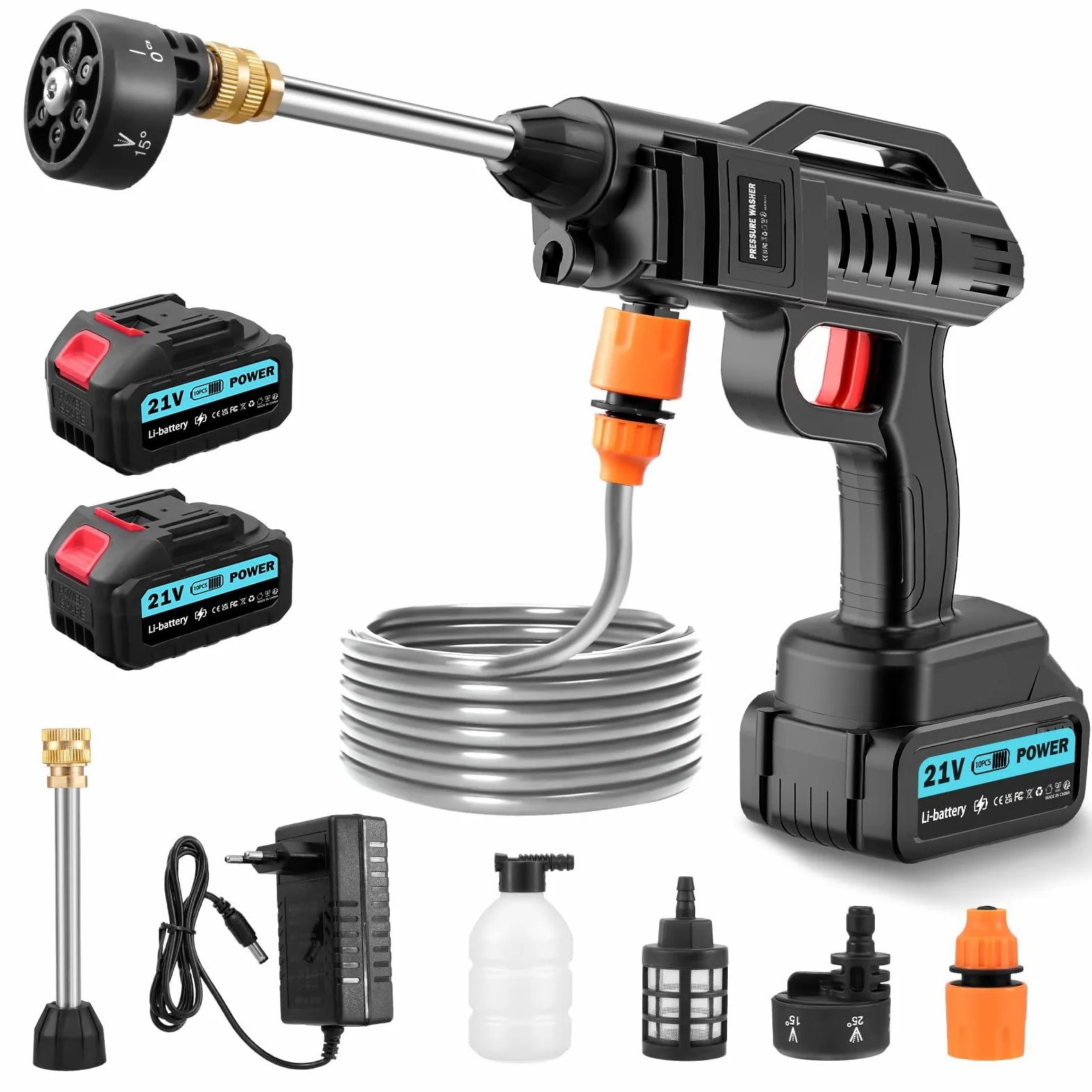 Nettoyeur Haute Pression sans Fil 100 Bar 270 l/h | Pistolet Portable avec 2 x 3000 mAh | Pistolet de Lavage Mobile 6 en 1, buse réglable 5 m pour Balcon, Voiture, Garage
