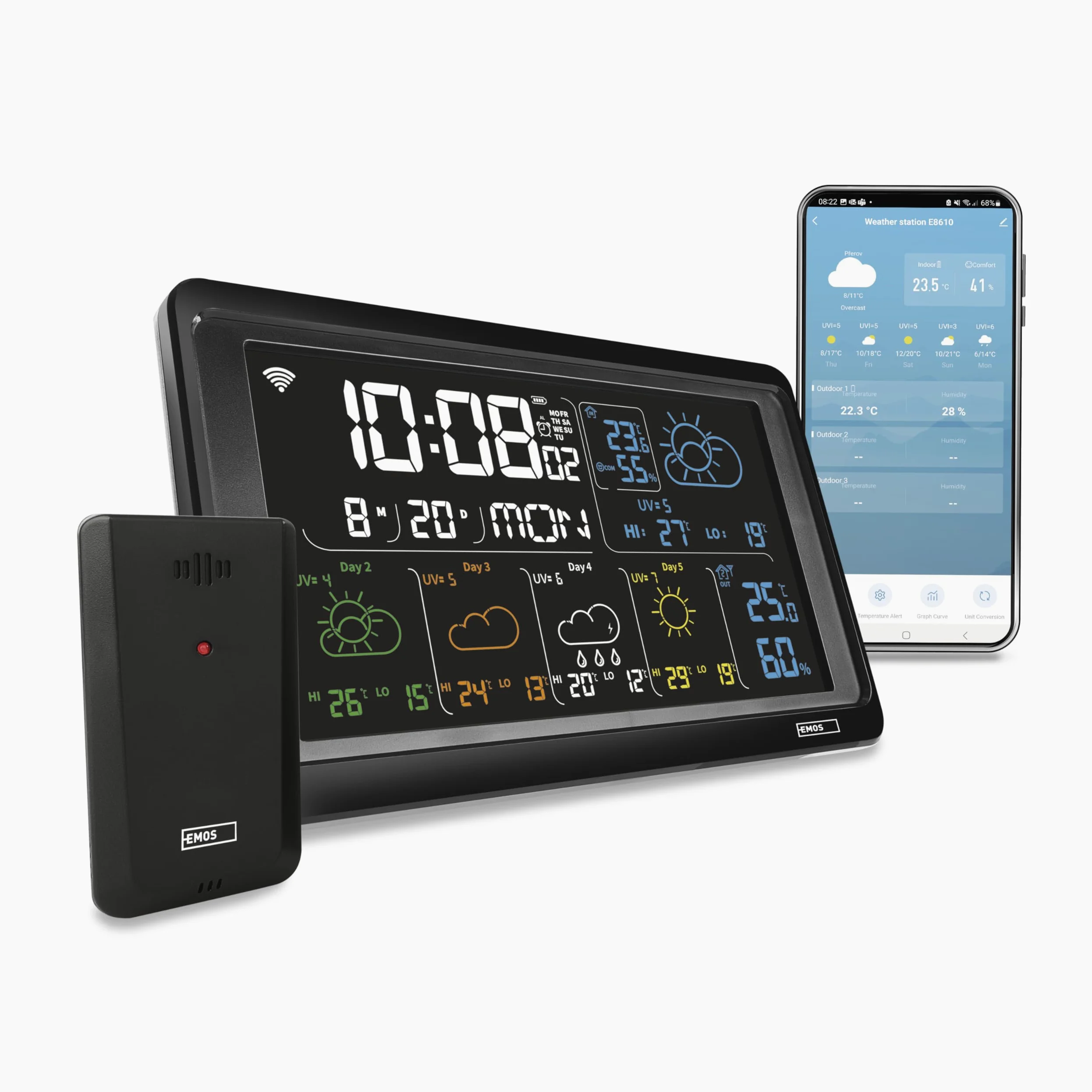 EMOS GoSmart - Station météo WiFi avec capteur extérieur sans fil et application - Écran couleur, prévisions météo sur 5 jours, thermomètre, hygromètre, horloge - Compatible Tuya, Smartlife - Avec