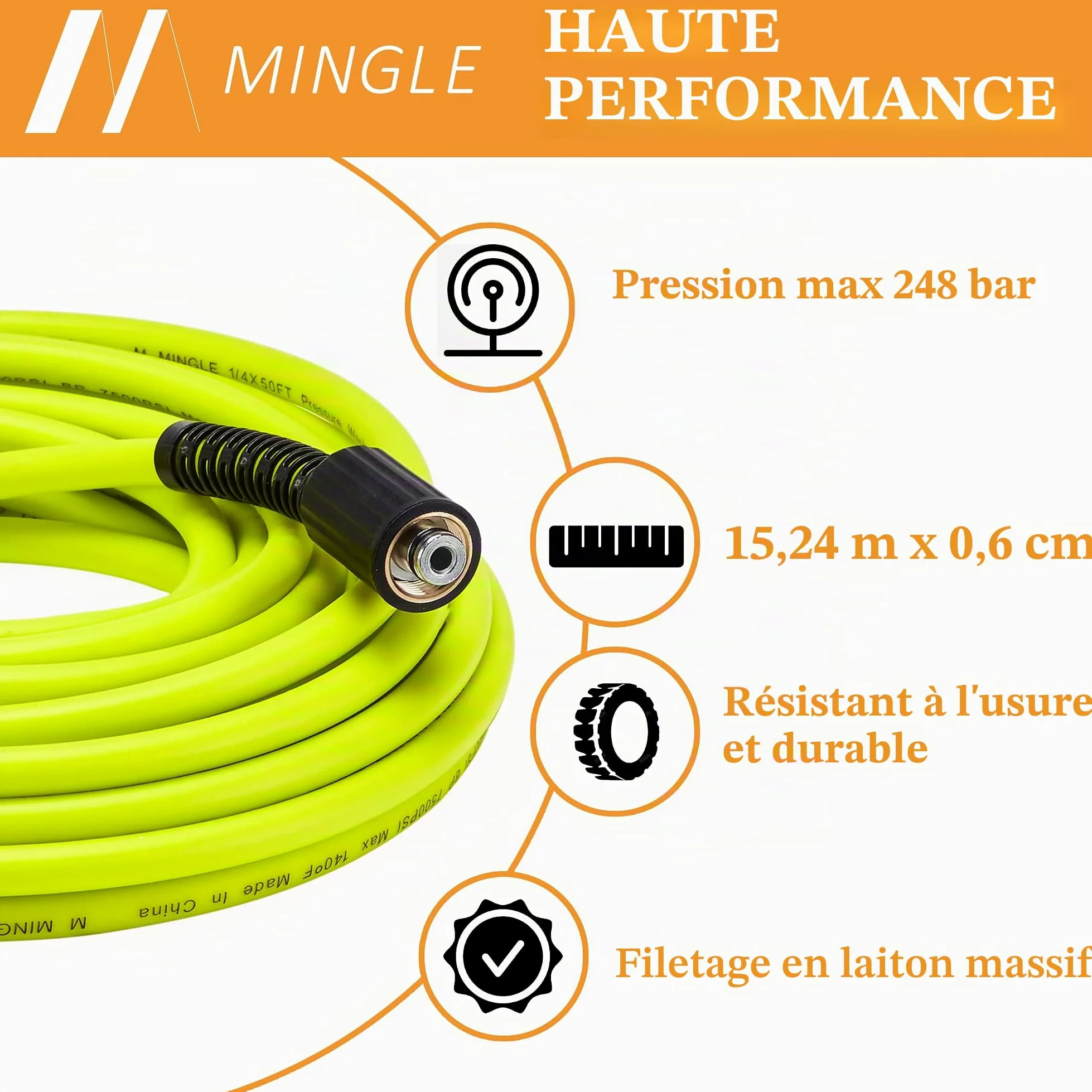 M MINGLE Tuyau Haute Pression 15 m x 1/4", M22 14mm en Acier Inoxydable | Flexible pour Nettoyeur Haute Pression, Raccord Rapide 3/8", Anti-Vrille, Idéal pour Nettoyage de Voiture et Allée, 250 bar