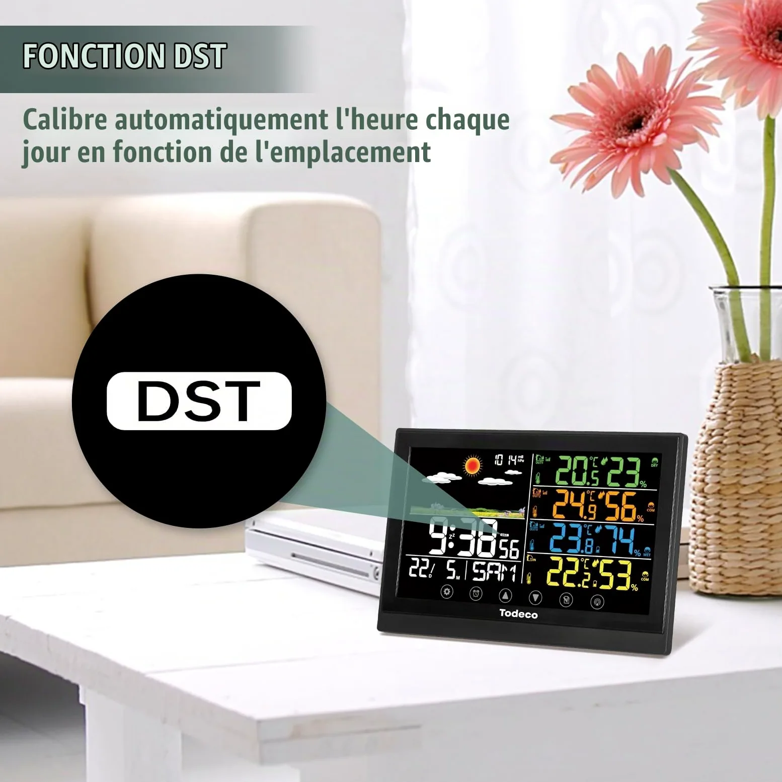 Todeco Station Météo Sans Fil avec 3 Capteurs et Écran LCD Couleur | Température et Humidité, Baromètre, Prévisions Météo, Heure, Calendrier, Réveil avec Snooze, Alimentation Secteur ou Piles