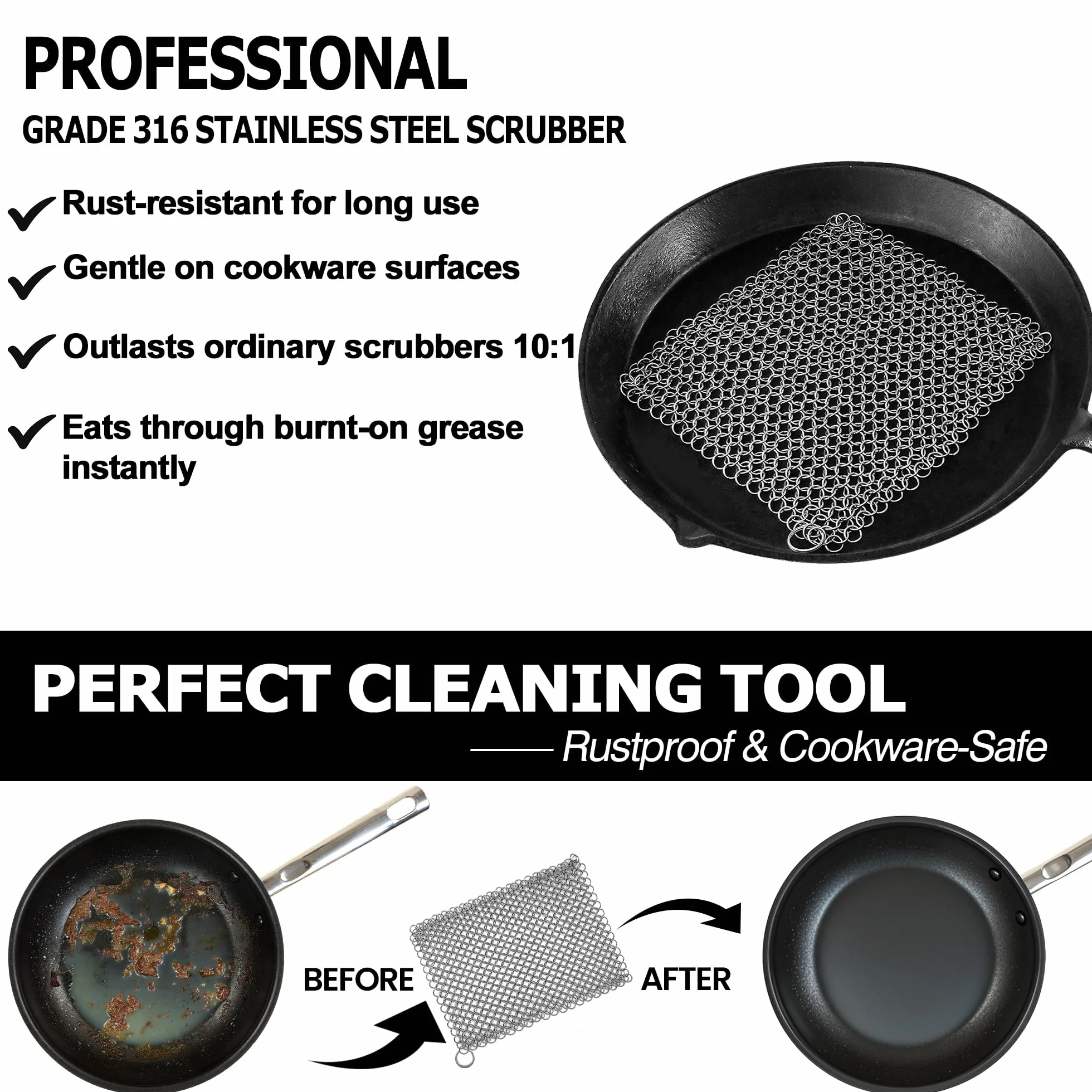 Brosse à récurer en acier inoxydable 316 20,3 x 15,2 cm pour poêles et barbecues