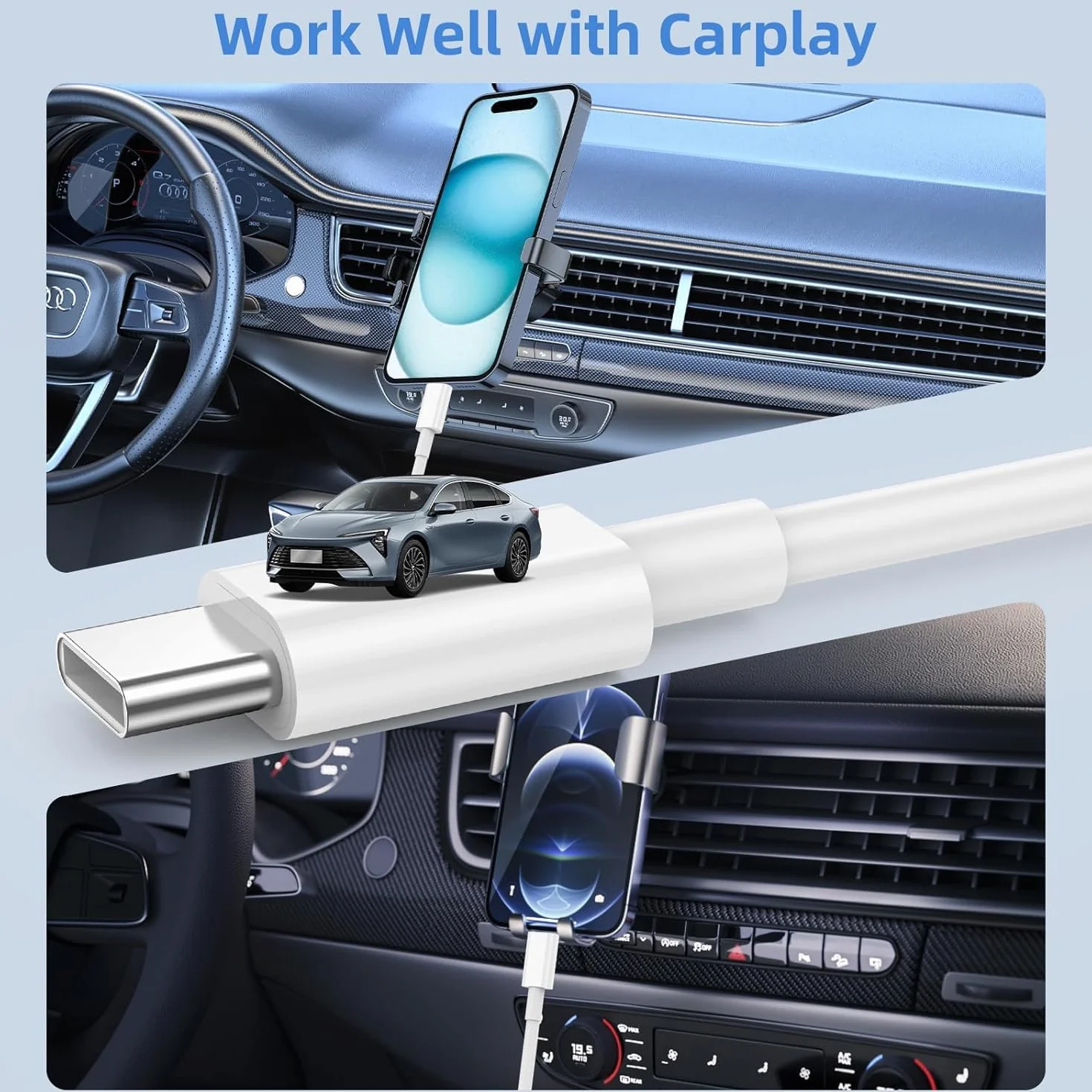Câble USB Carplay USB A vers USB C 1M+2M Charge Rapide pour iPhone 17/16/15 Pro Max Samsung S25 iPad Pro