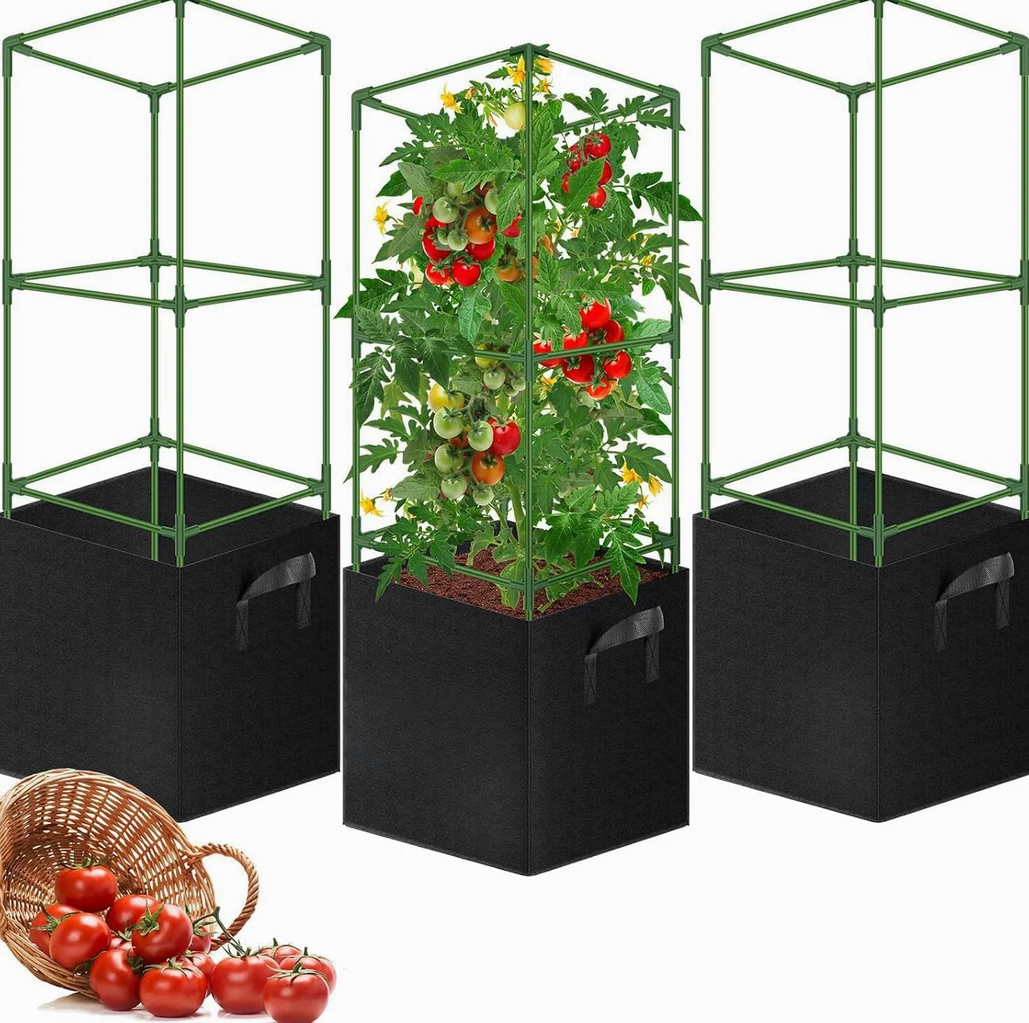 Tuteurs pour tomates avec Sacs de Culture 57 L, Lot de 3 Cages carrées en Acier 120 cm, Supports réglables pour Plantes grimpantes, Balcon, Jardin et Serre