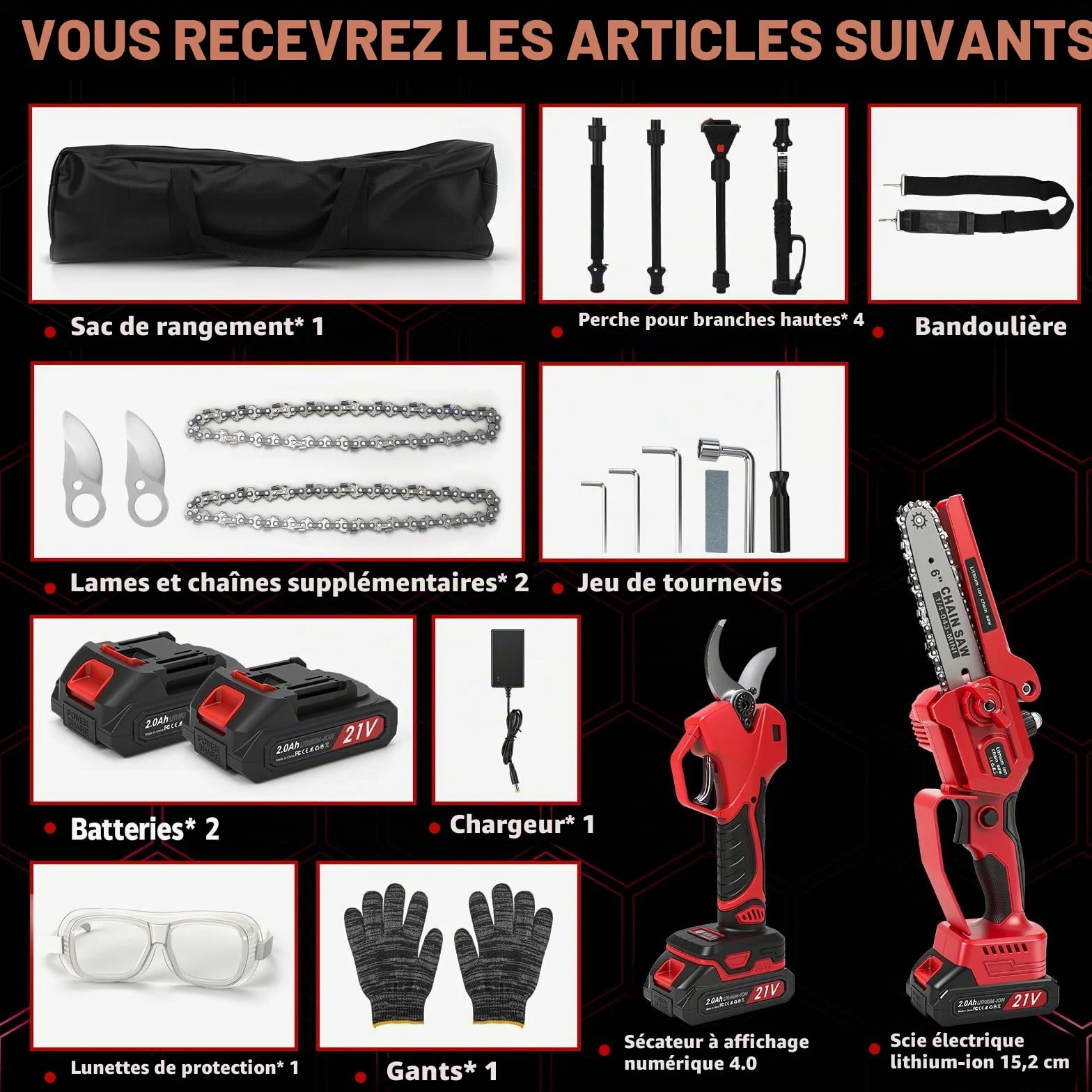 Mini Tronconneuse avec Perche 6 Pouces & Secateur Electrique Telescopique 55 mm, 4 en 1 Élagueuse sur Perche avec 2 * 2000 mAh Batteries, Portée Maximale 4,5 m