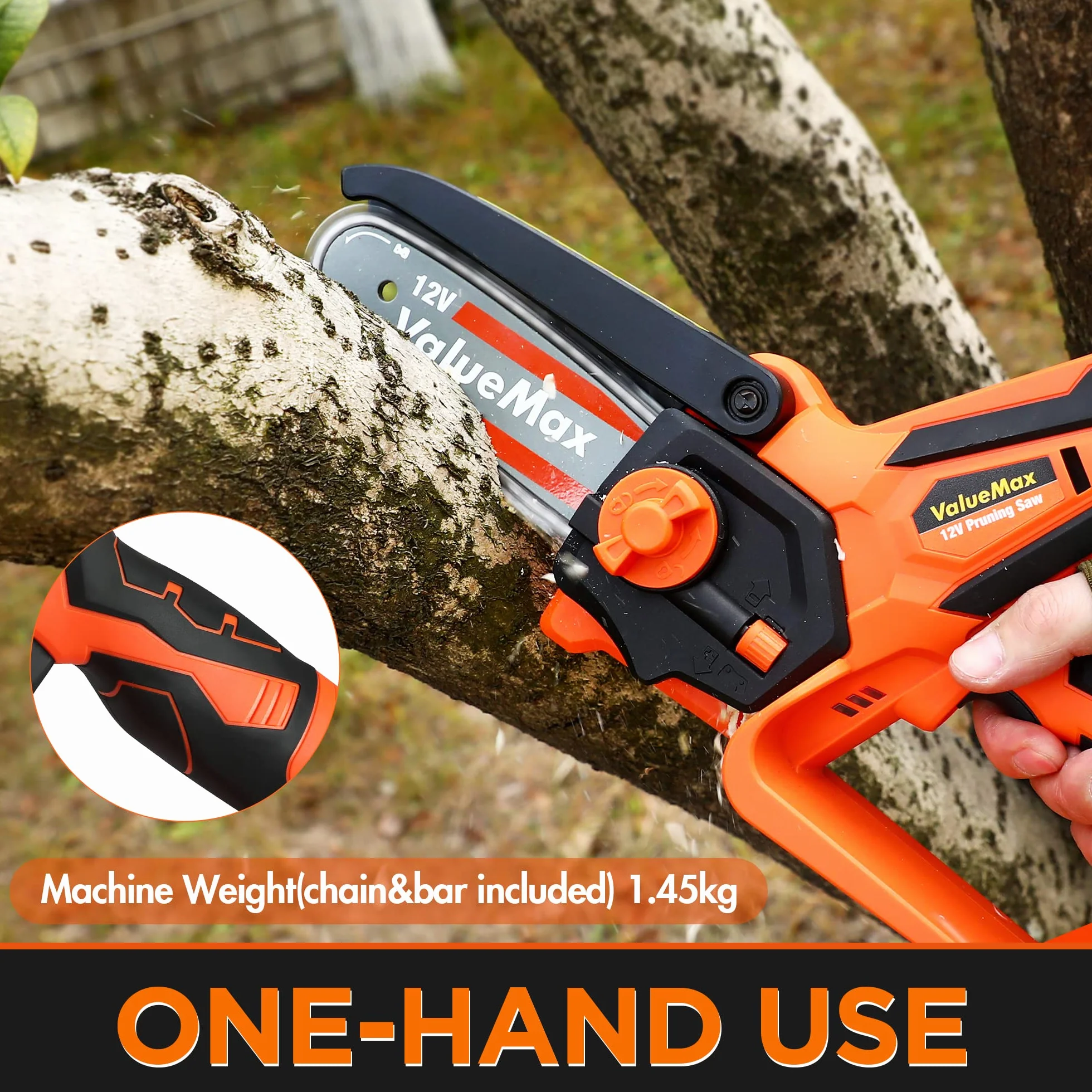 ValueMax Mini Tronconneuse a Batterie 4 Pouces | 12V Tronçonneuse Électrique Sans Fil Portable et 2 * 2000mAh Batteries pour les Branches d'arbres, l'élagage le Jardin