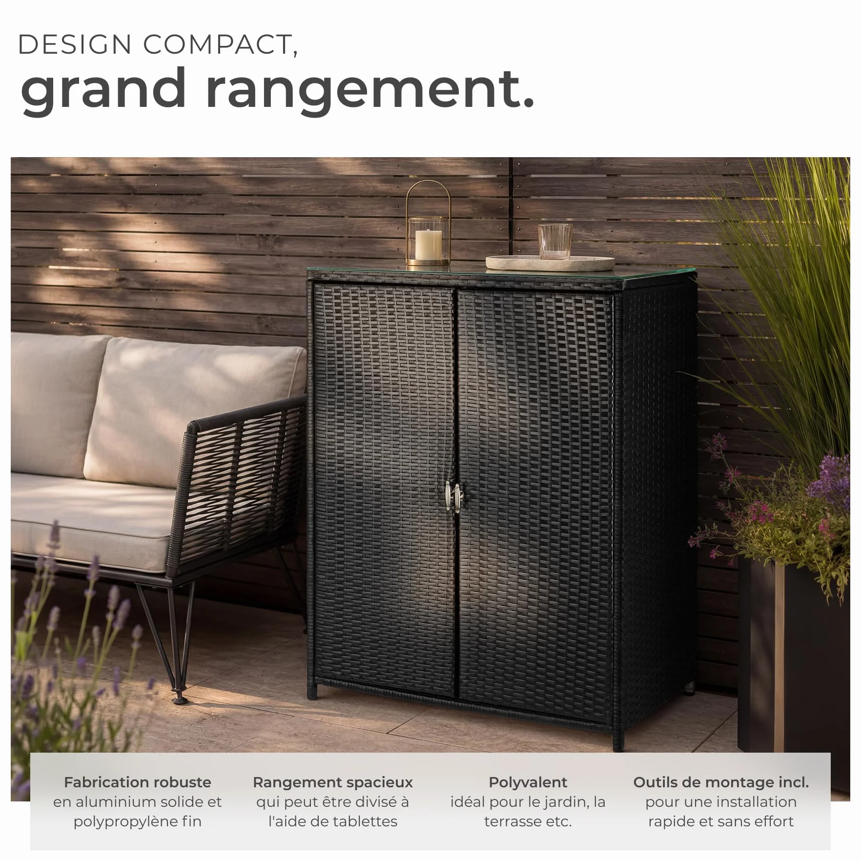 Tectake Armoire de Jardin 84,5x40,5x103,5 cm Résine tressée Aluminium 2 Portes 3 étagères 75 kg