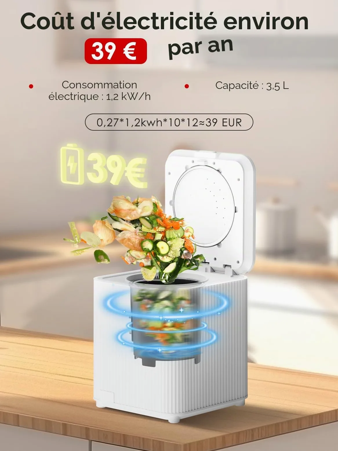SQUEEZE master Composteur électrique de 3,5 litres pour la cuisine, bac à compost intelligent pour déchets alimentaires, transforme les déchets alimentaires en engrais de compost, blanc