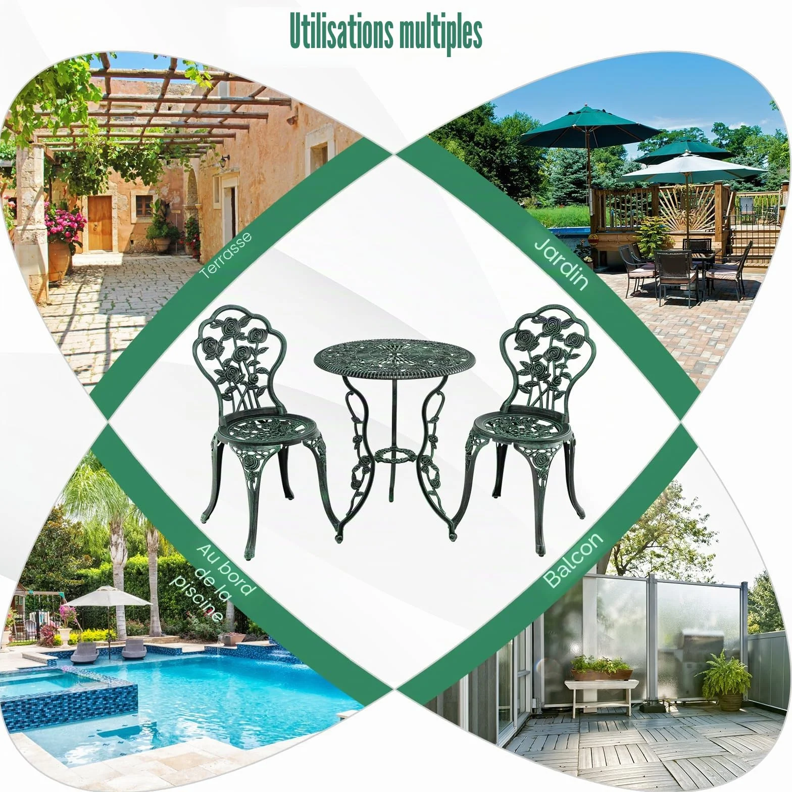 Salon de Jardin 2 Personnes Fonte Aluminium Table Extérieure avec 2 Chaises Trou Parasol Motif Rose Vert