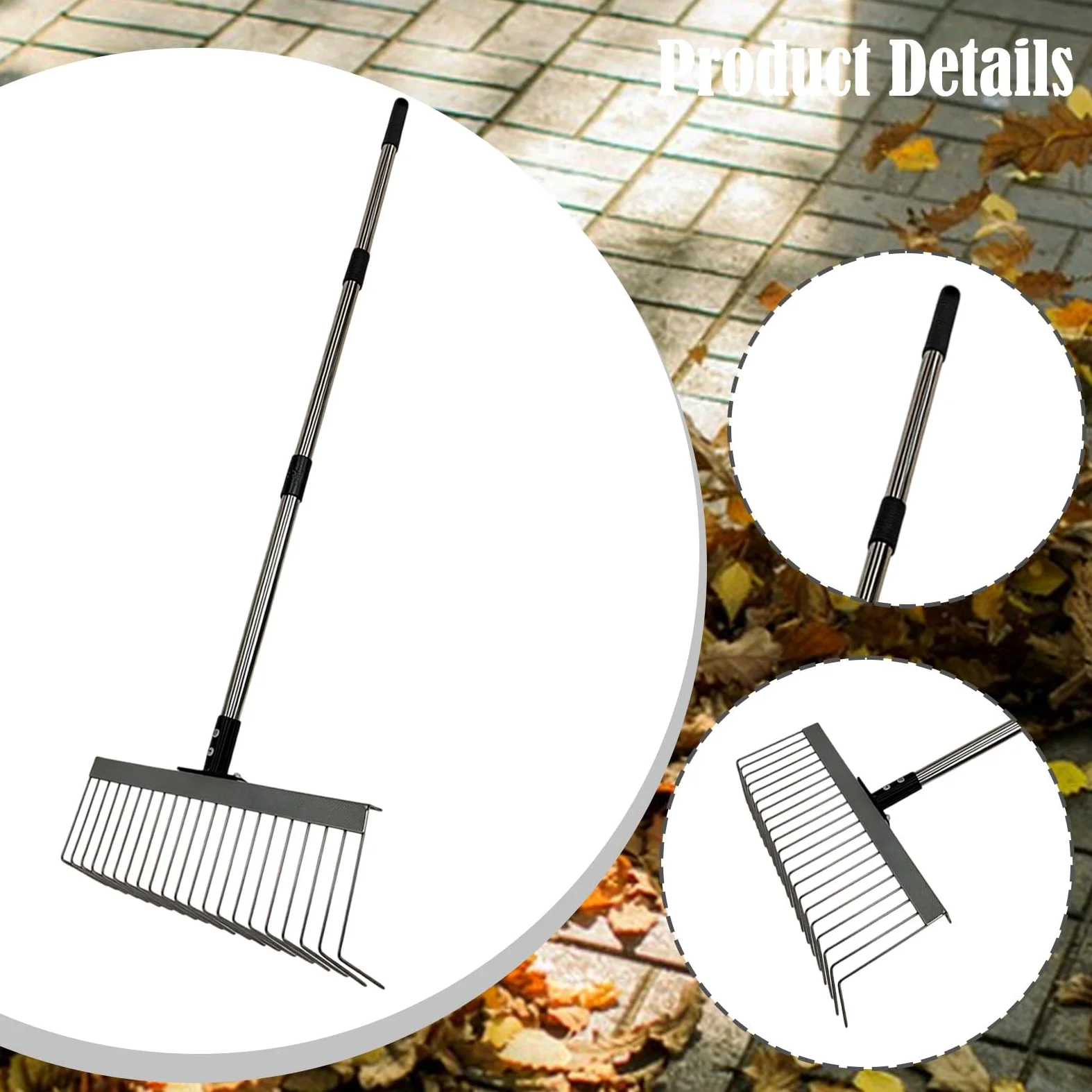 Râteau Feuilles Jardin 21 Dents Lames Acier Alliage Manche Ergonomique Amovible Polyvalent Ramassage Feuilles Herbe Débris Convient Jardin Ferme, 125 Cm 3 Sections