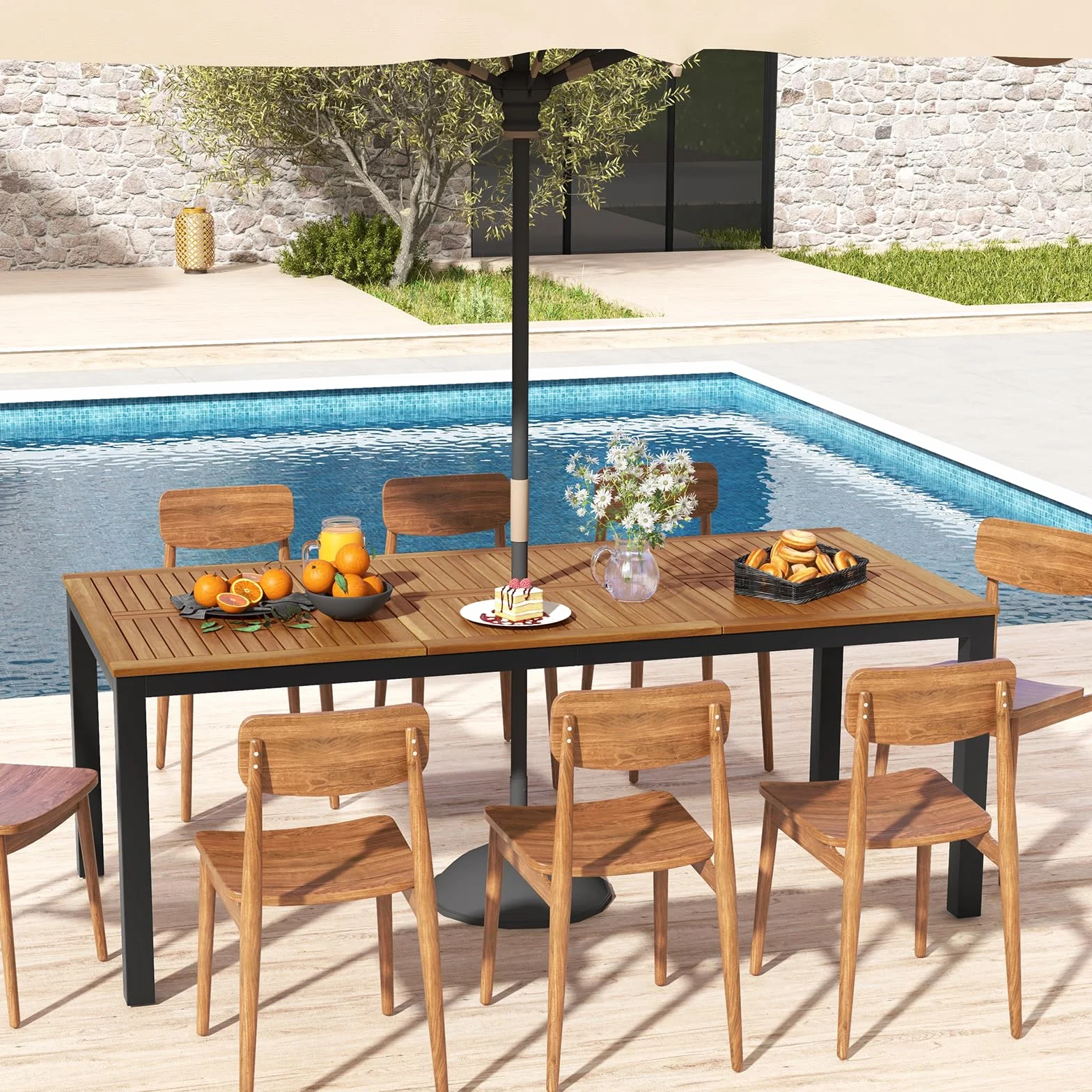 COSTWAY Table de Jardin 200 CM 8 Personnes, Table Exterieur en Bois d’Acacia avec Trou de Parasol, Pieds Métal