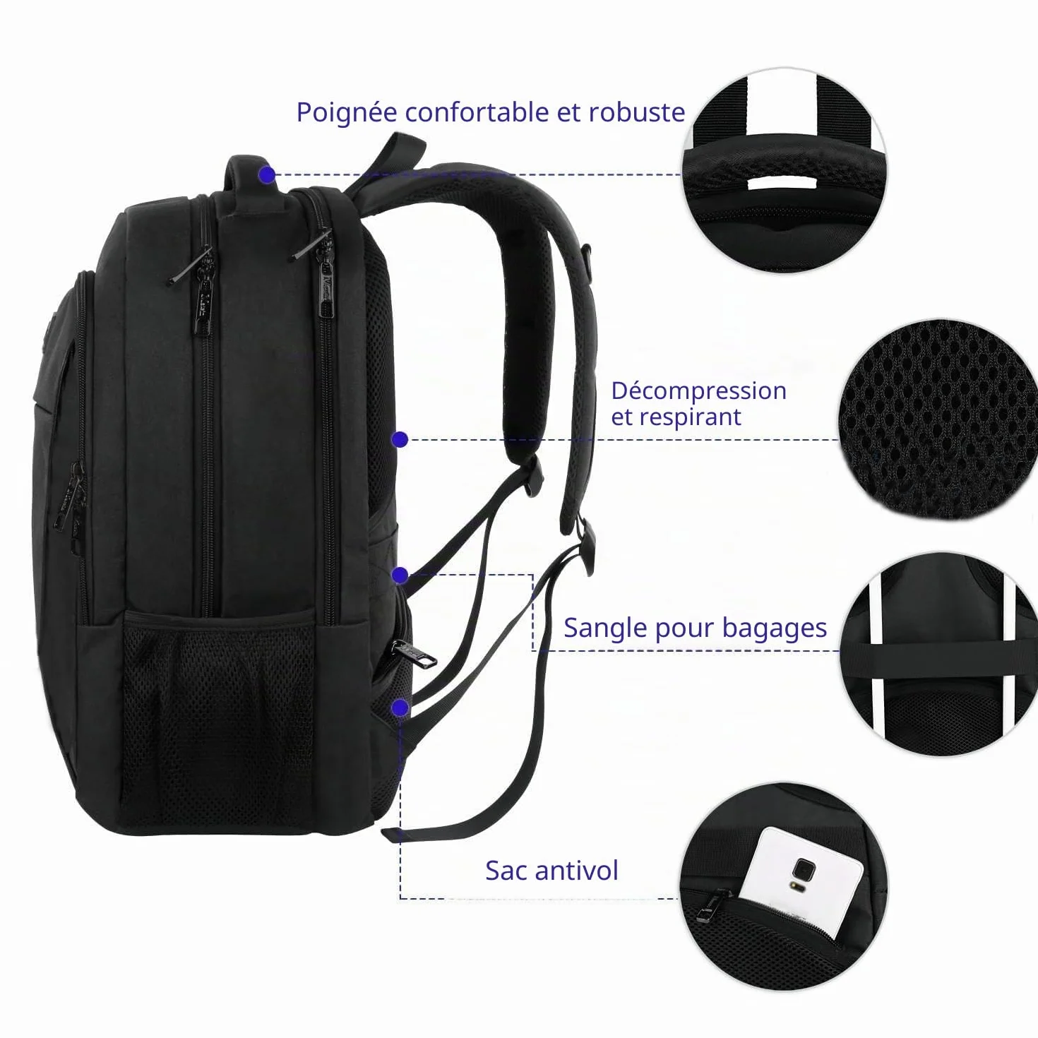 MATEIN Sac à Dos Ordinateur Portable 15.6 Pouces, Imperméable Antivol pour Travail Collège, Noir