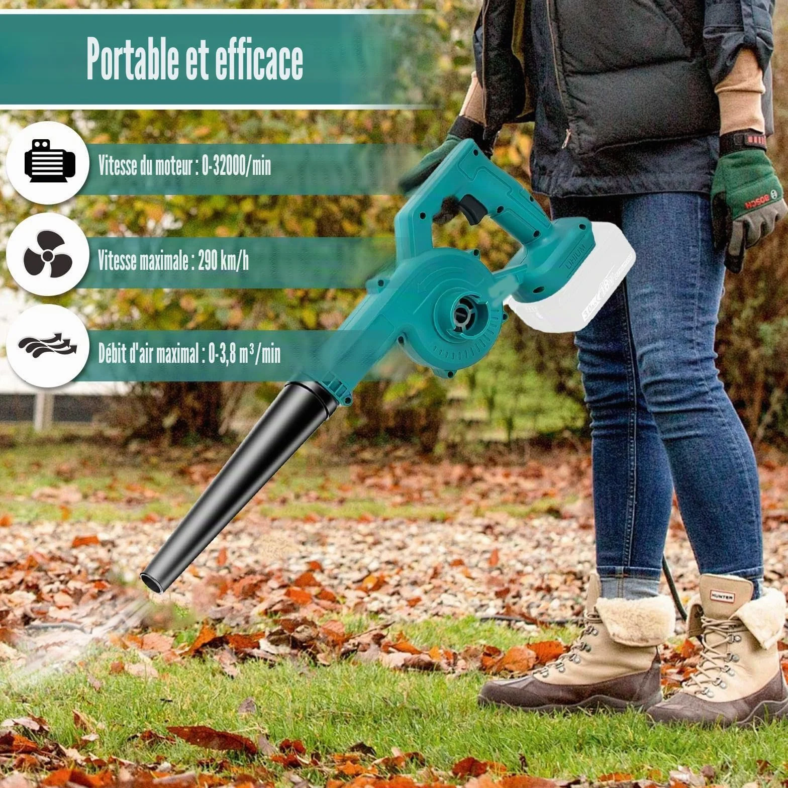 Souffleur de Feuilles sans Fil 18V 3000mAh, Souffleur Jardin Puissant Léger avec 2 Batteries et Chargeur
