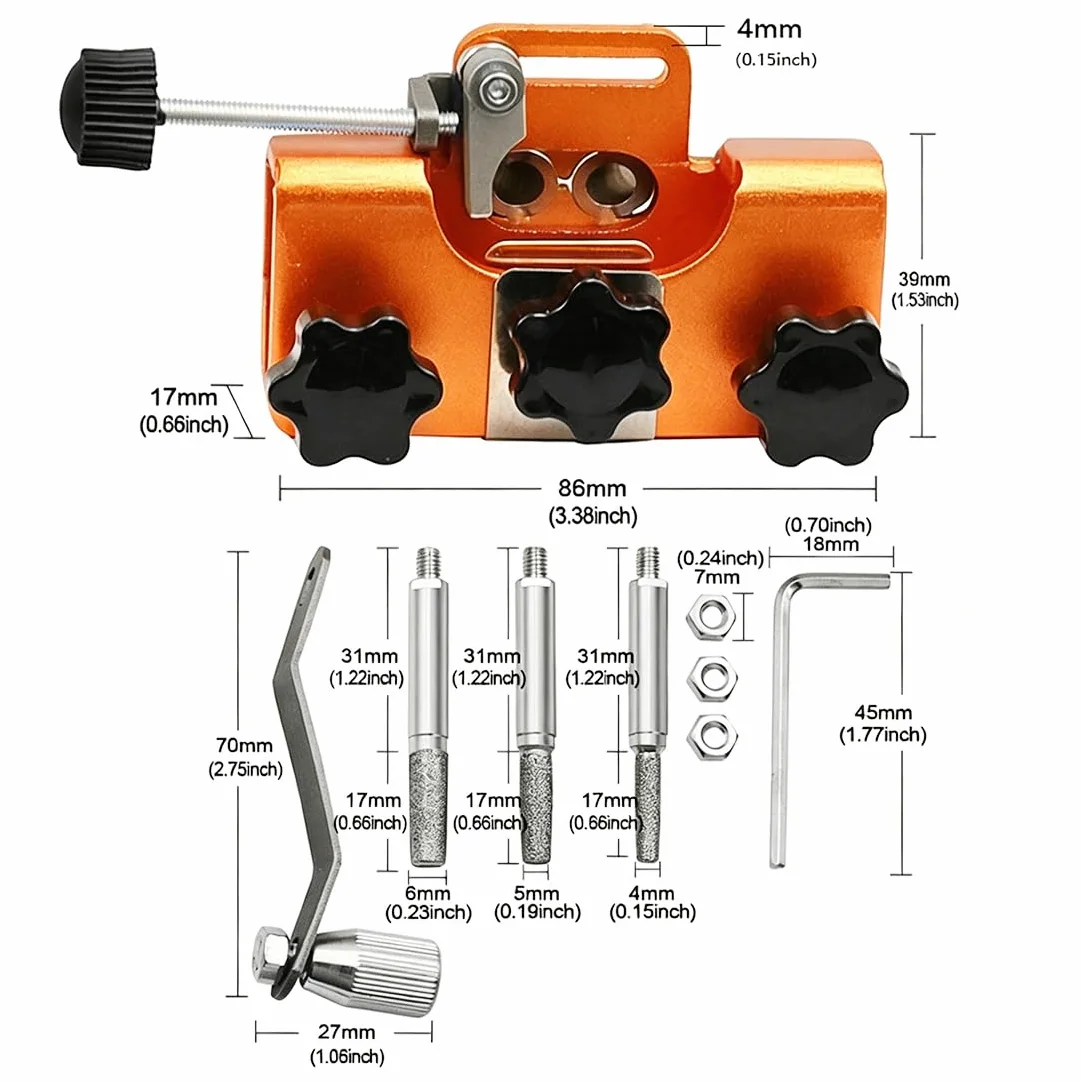 Affûteur Chaîne Tronçonneuse à Manivelle, Affûteuse Portable avec 3 Pierres 4/5/6 mm, Guide d'Angle, Kit d'Affûtage Manuel pour Tronçonneuse