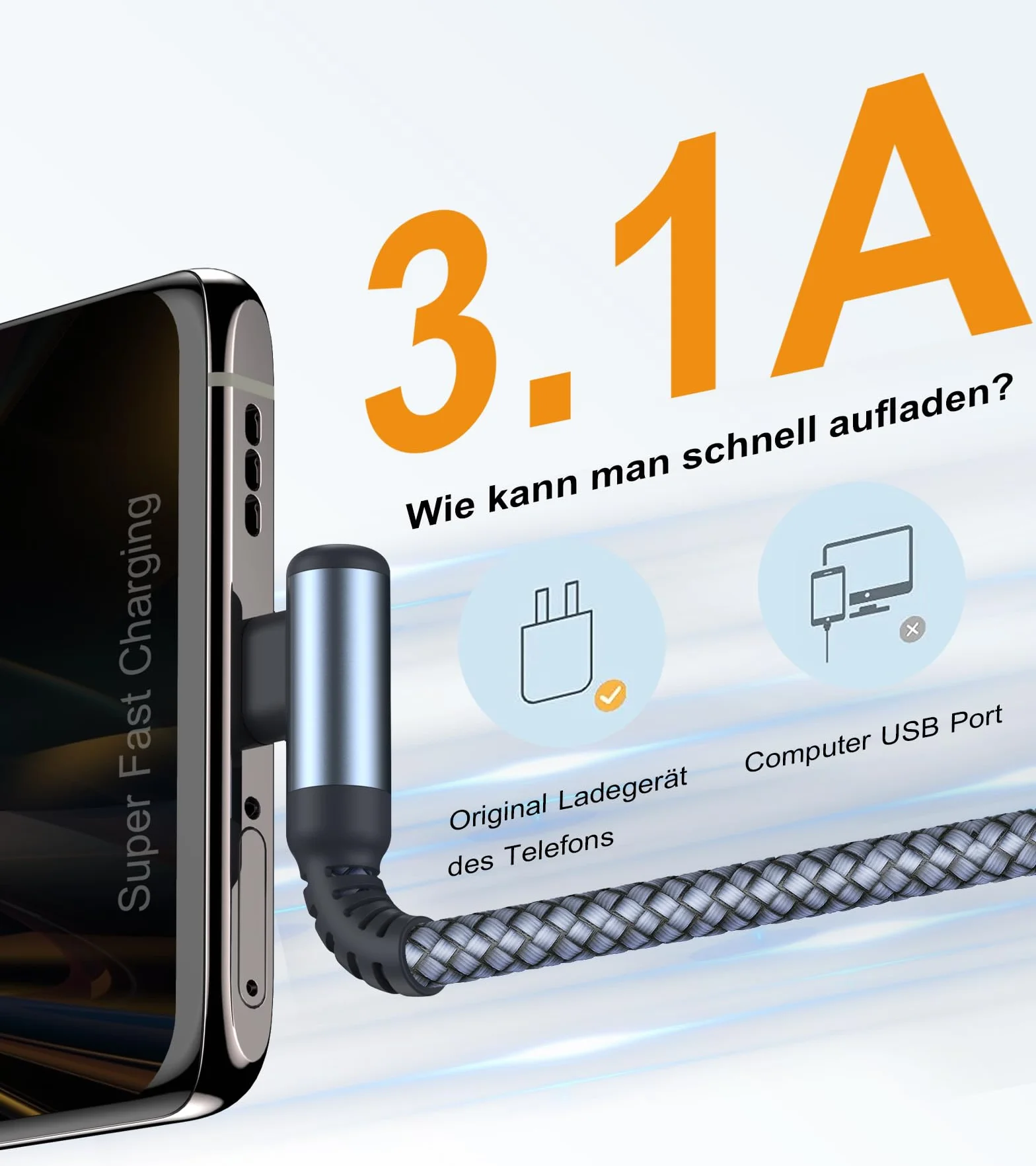 Câble USB C Coudé 90 Degrés Lot de 2, Charge Rapide 3A pour iPhone 15 Pro Max, iPad Pro, Samsung Galaxy S24 S23