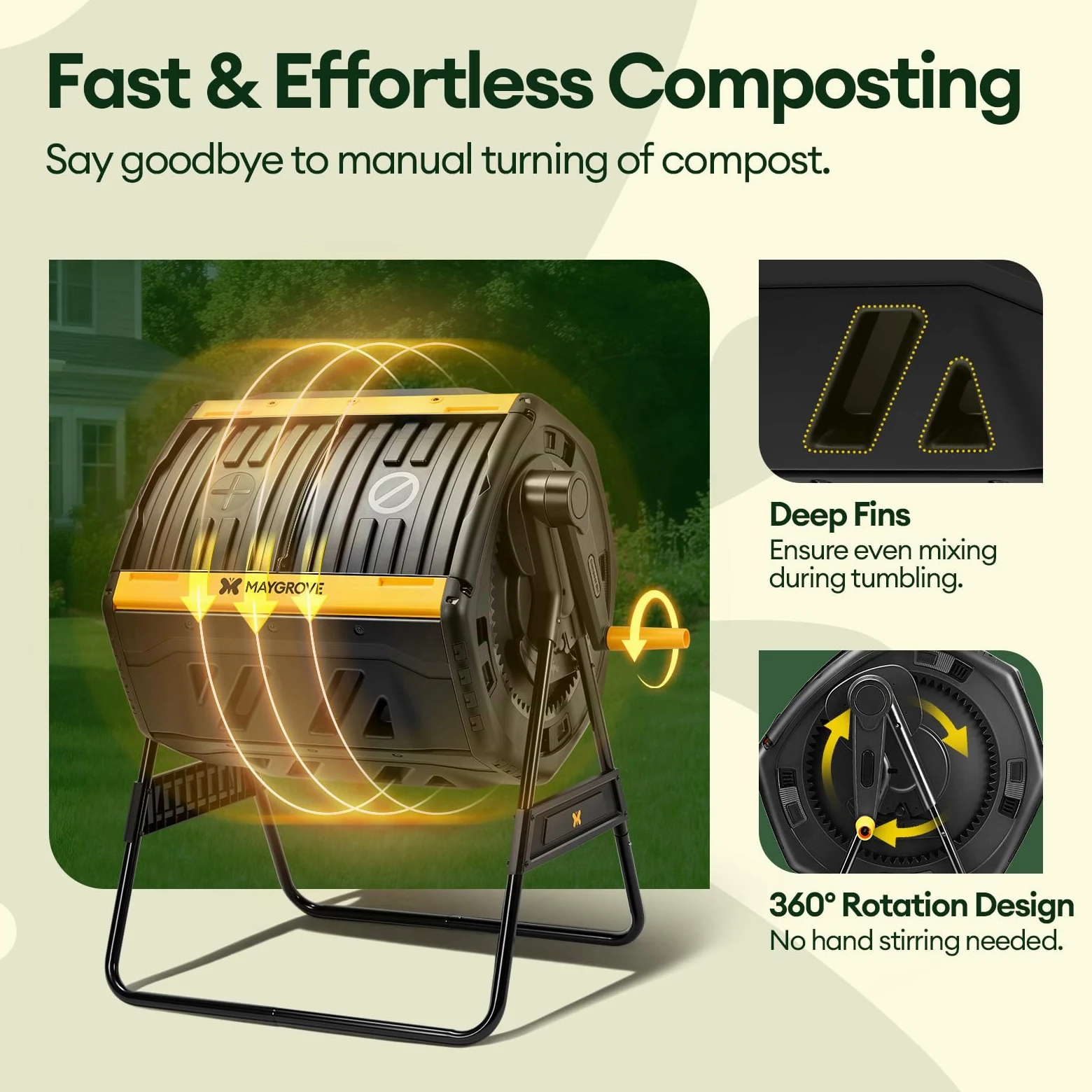 MAYGROVE Composteur 200L à 2 Compartiments Rotatif 360° Bac à Compost pour Jardin avec Portes Coulissantes Cadre en Acier Robuste