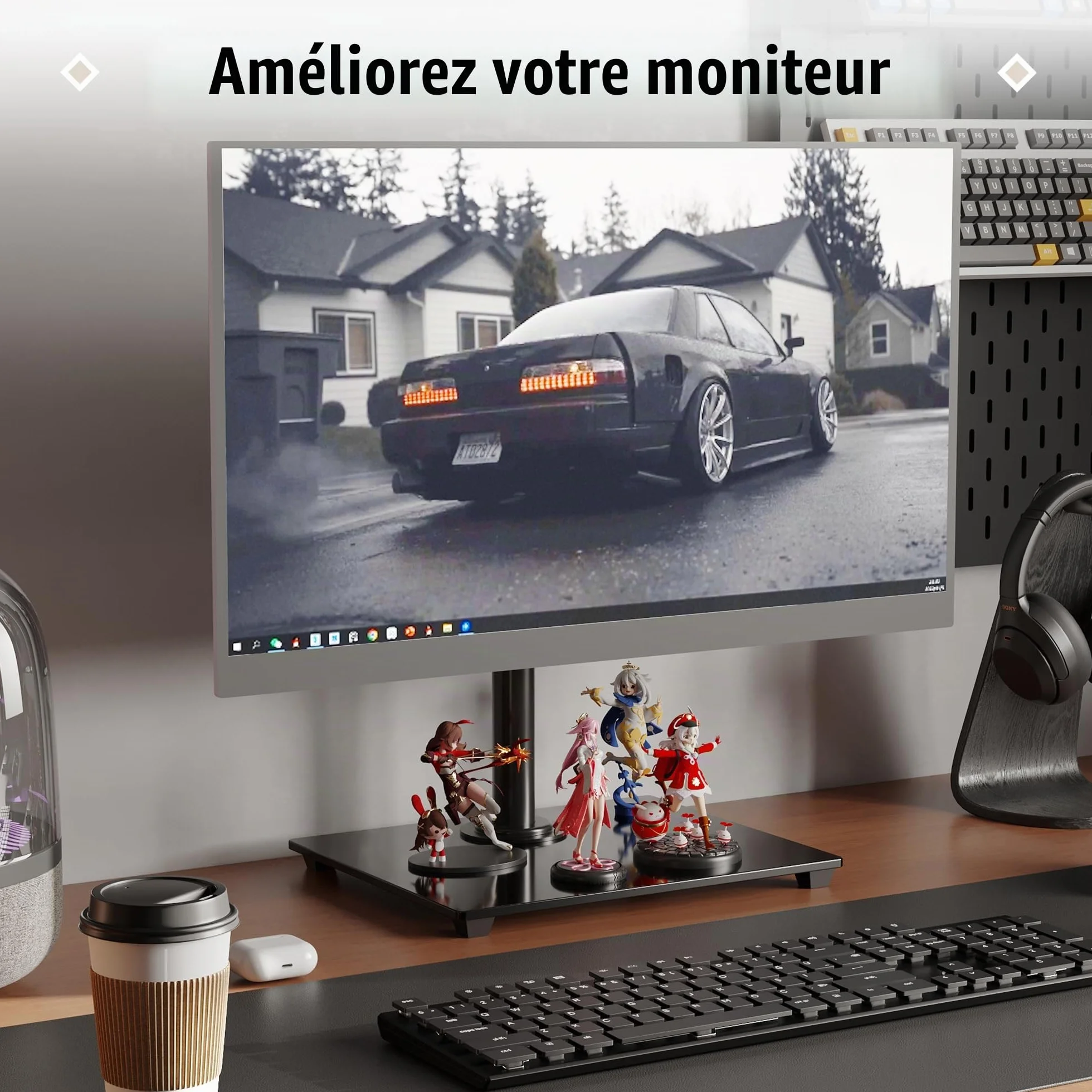BONTEC Support Écran 13-32 Pouces, Bras Réglable Moniteur Plat/Incurvé, Socle Verre Trempé, Inclinaison ±75°, Pivotement ±80°, Rotation 360°, Max 10kg, VESA 75/100mm