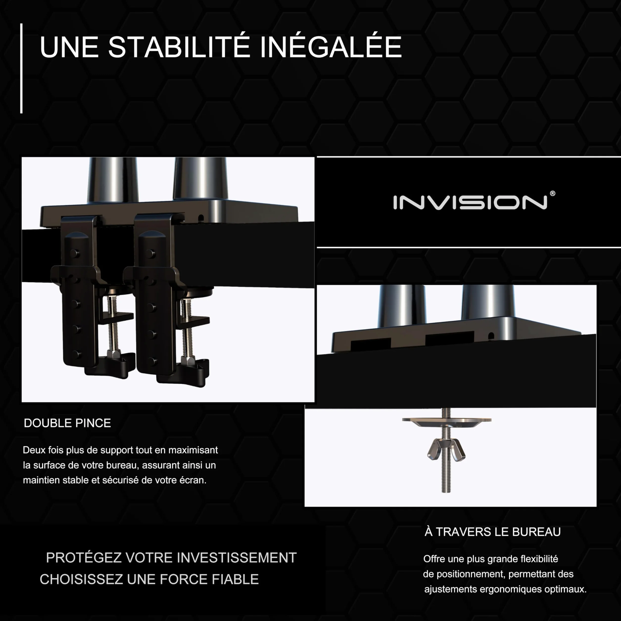 Invision Support Écran PC Bras Double 24-35 Pouces VESA 75/100mm Réglable en Hauteur MX900
