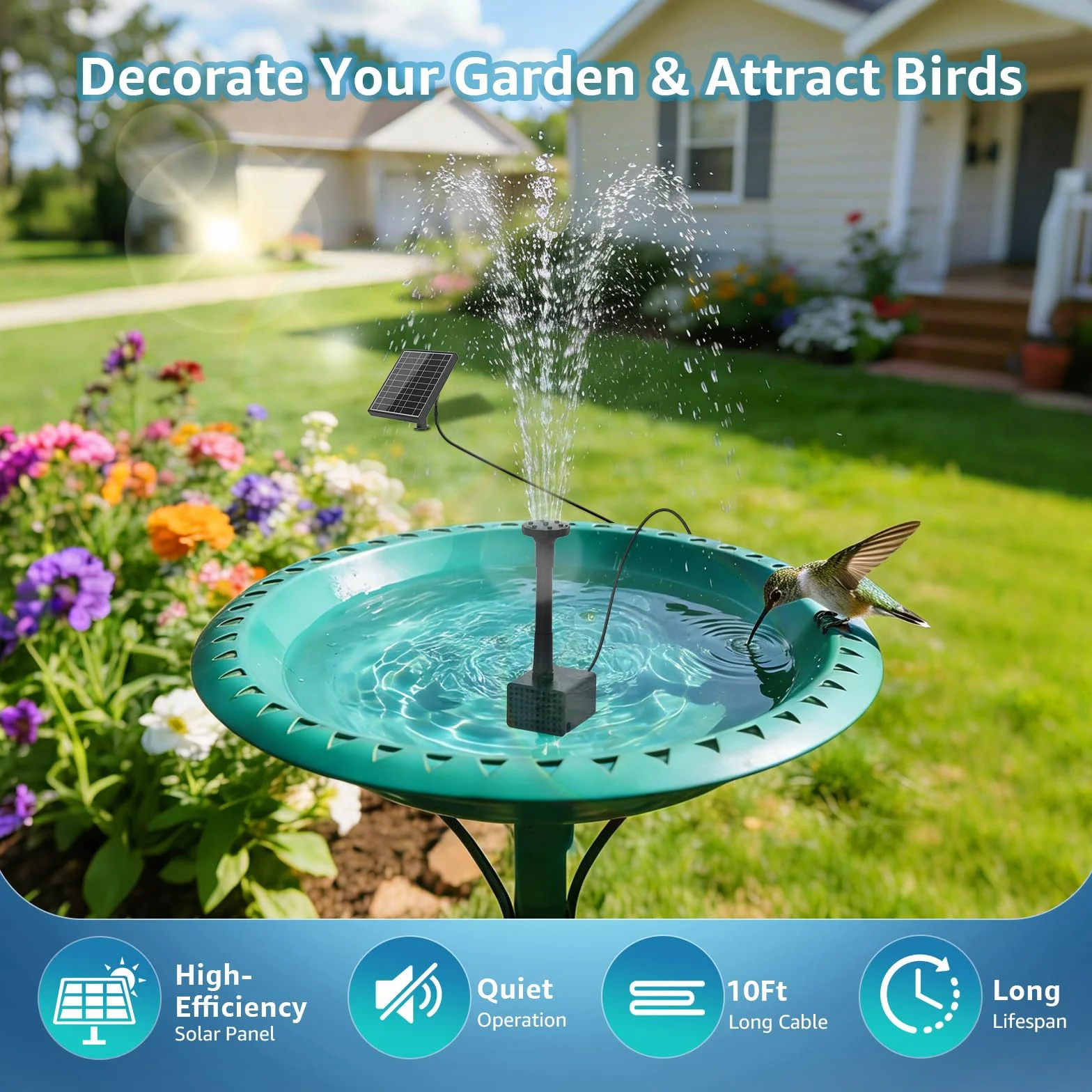 Pompe Solaire pour Fontaine à Oiseaux 4 W câble Secteur 3 m Support de Sol réglable 5 Modes de pulvérisation Tuyau 1,2 m Anti-séchage silencieuse