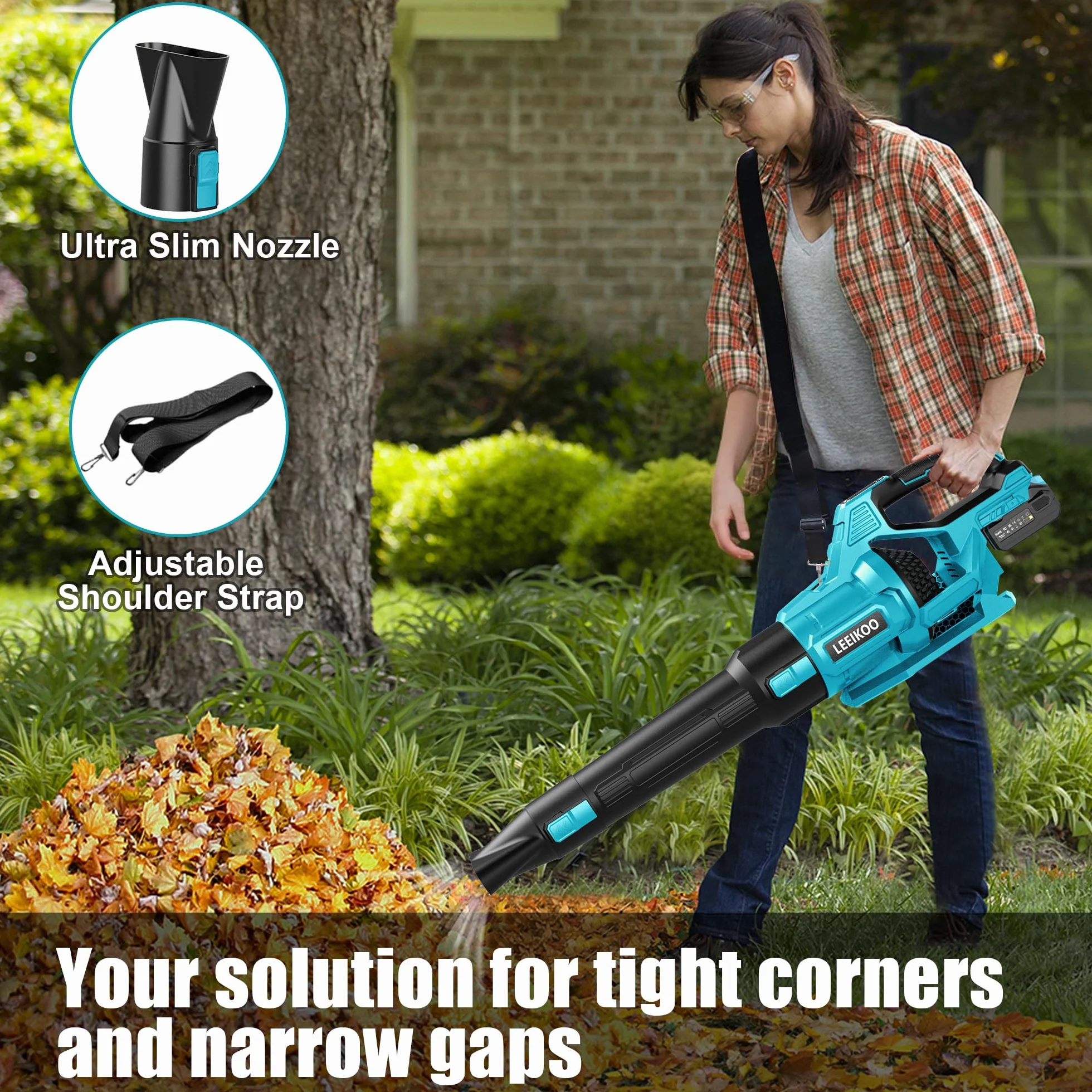 Souffleur Batterie, 21V Souffleur de Feuilles avec 2 Batteries 4,0Ah, 3 Vitesses, 2 Tubes de Soufflage, Sangle Souffleur à Batterie pour Nettoyage de Jardin