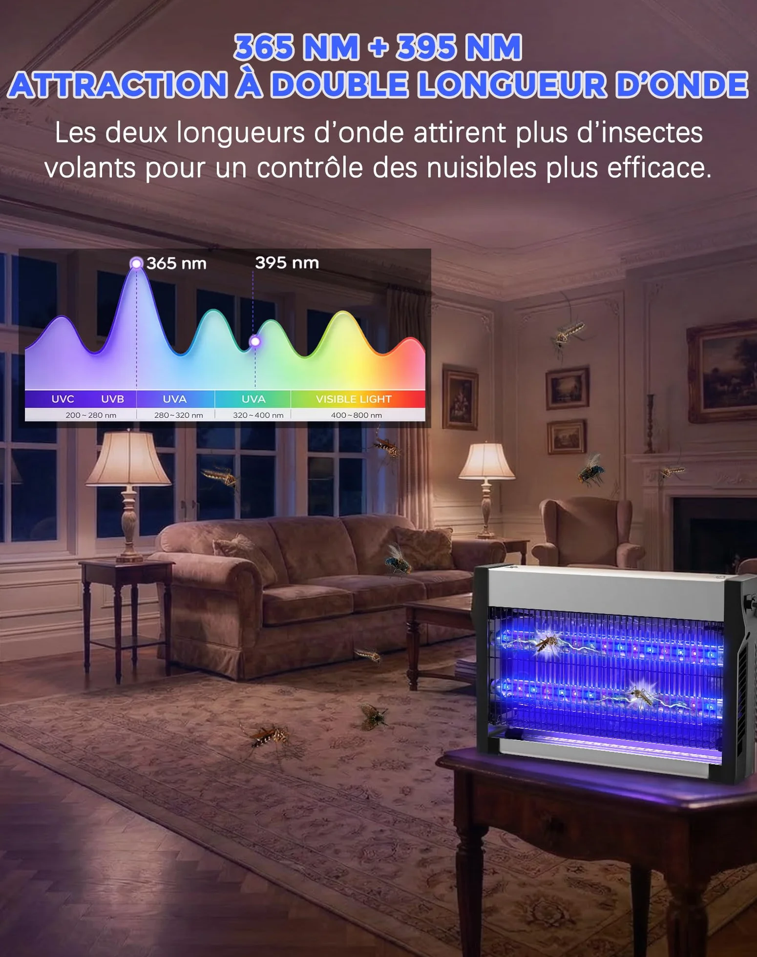Lampe Anti Moustique 2500 V, Tue Mouche Électrique avec Tubes LED, Double Attraction UV, 80 m²