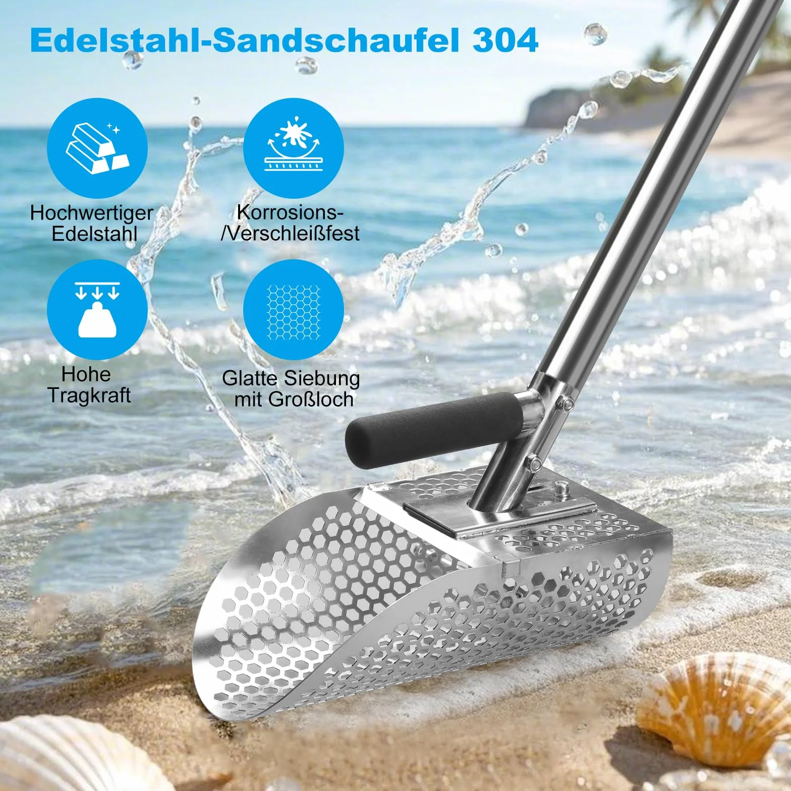 Pelle à Sable en Acier Inoxydable 304 pour Détection de Métaux, Manche Démontable 114cm, Anti-Rouille