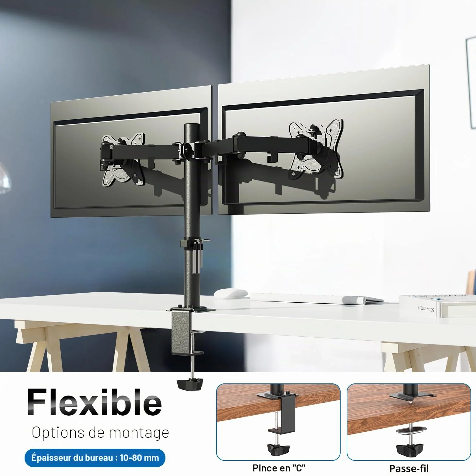 GRIFEMA Support Double Ecran PC 13-27 Pouces Bras Réglable Hauteur Inclinaison 90° Rotation 360° Poids 10KG VESA 75/100 MM Noir
