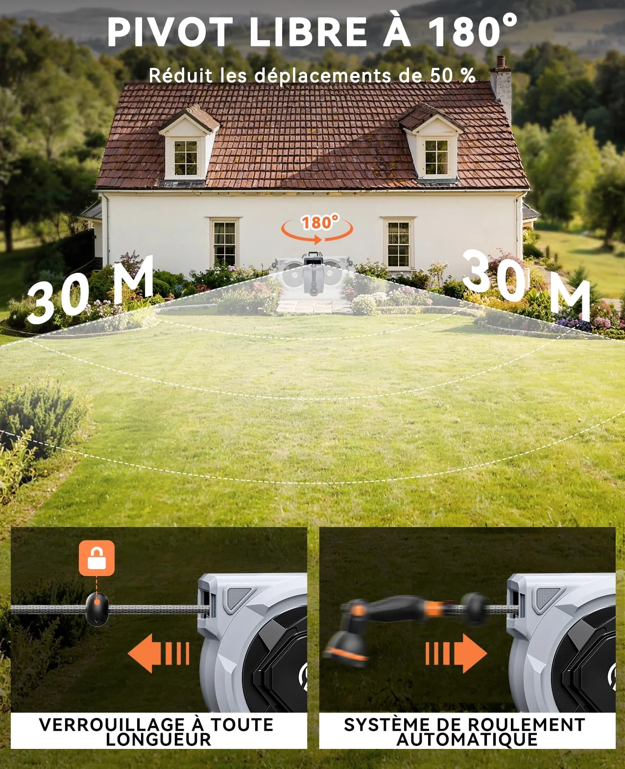 Sunpow Enrouleur de Tuyau d'Arrosage 30m x 16mm,Rétraction Automatique | Avec Buse 10 Positions,Blocage à N'importe Quelle Longueur, Raccords Pivotants à 180° Pour La Pelouse et Le Jardin