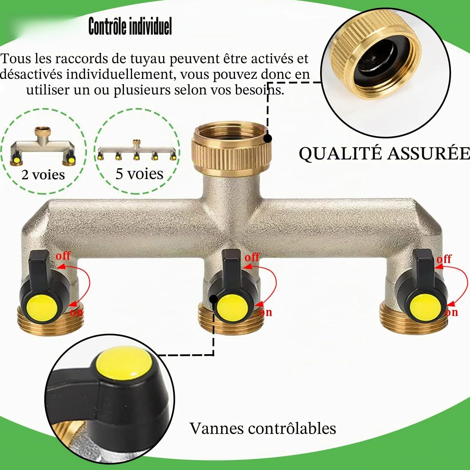 Faucet Splitter avec 5 Voies Raccord Tuyau d'arrosage,3/4" Laiton Adaptateur Tuyau Faucet pour Exterieur Jardin Arrosage Raccord Embout Robinet Connecteur Multi - Robinet Avec 5 Vannes On/Off