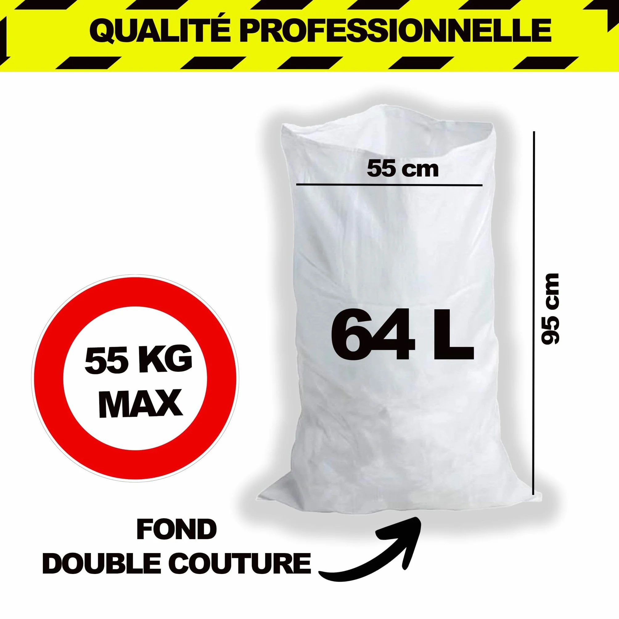 200 Sacs à Gravats, 55 x 95cm, 55kg, Résistant et Réutilisable, En polypropylène tissé blanc, Sable, Terre, Gravier, Jardinage, Chantier, Déchets de constructions