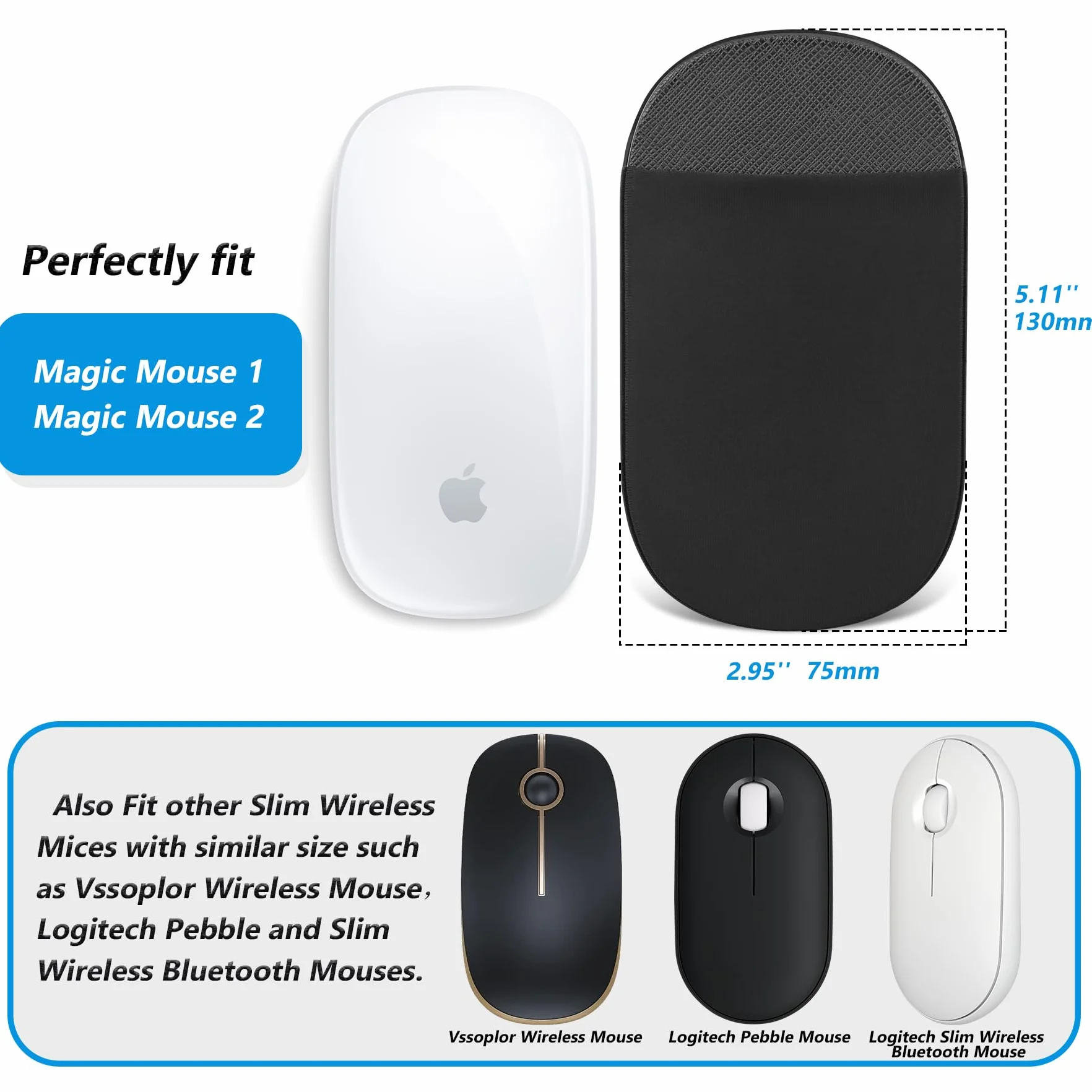 Lacdo Étui à Souris Autocollant Universel pour Magic Mouse 1 2, Noir