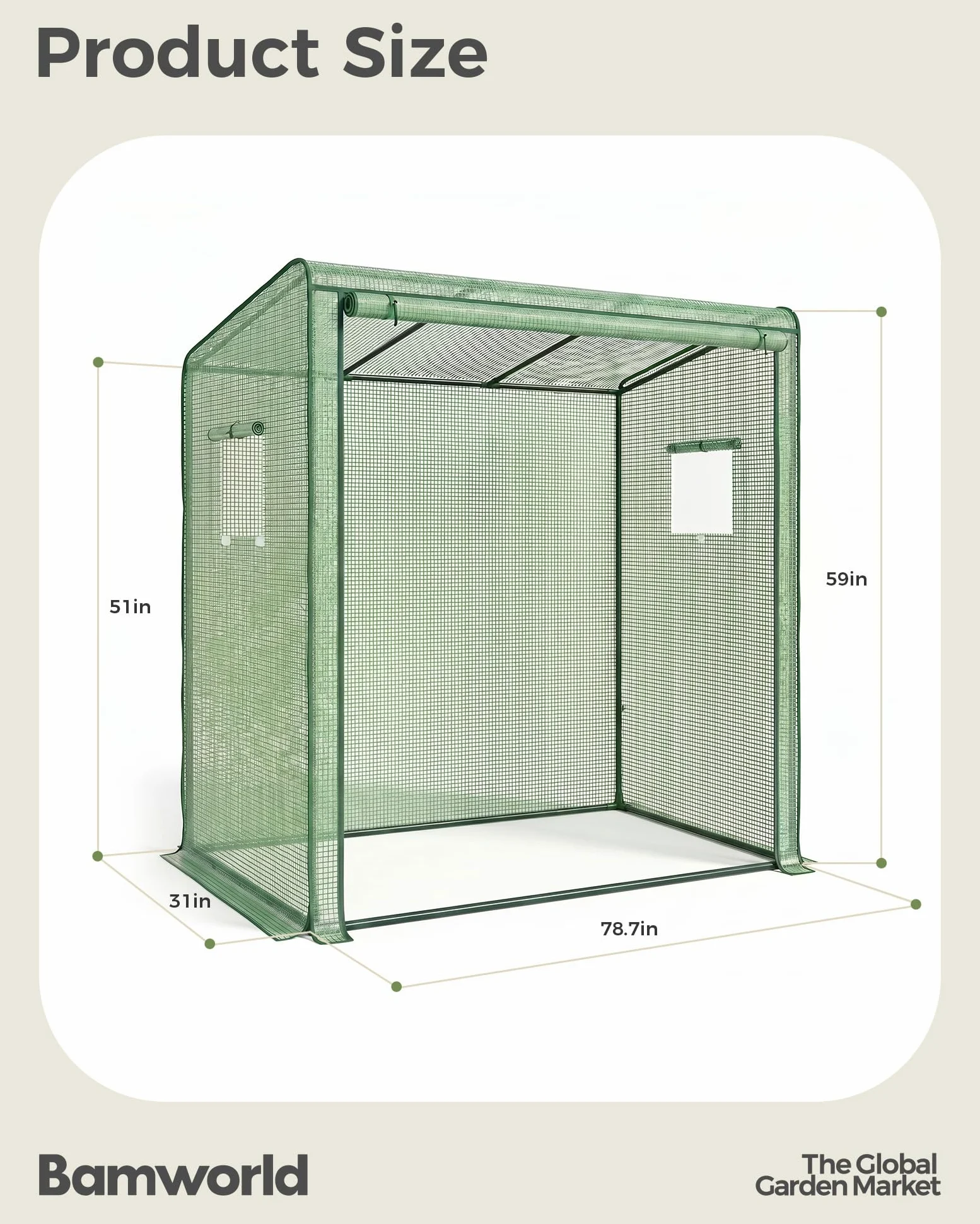 Bamworld Serre de jardin d'extérieur - 200 x 80 x 150 cm - Serre en film Bamworld pour tomates et plantes - Serre à tomates avec film en maille PE et porte zippée