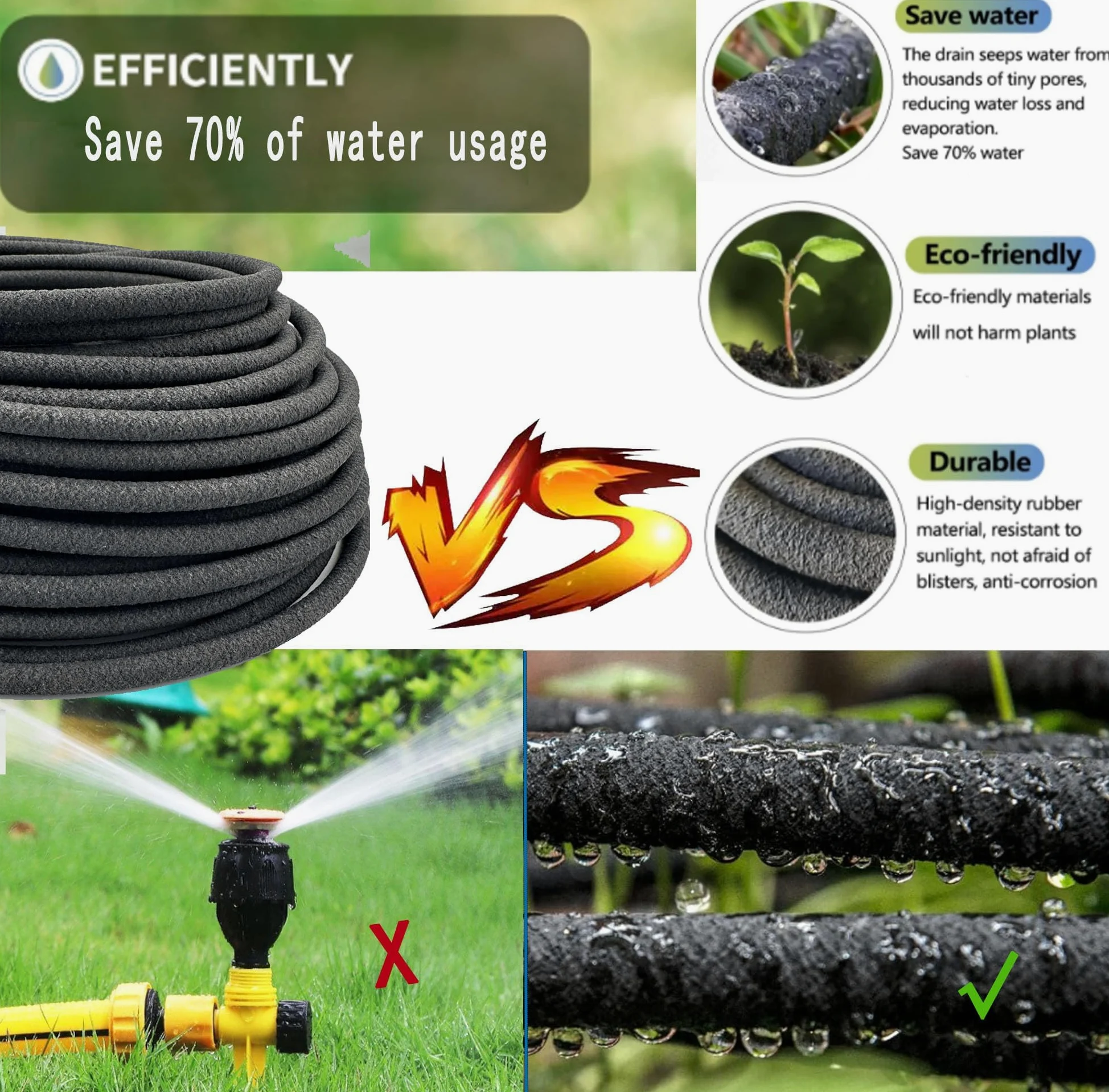 1/4 pouce Tuyau économiseur d'eau multi-trous, tuyau d'irrigation goutte à goutte flexible microporeux, tuyau en caoutchouc pour l'arrosage des jardins, des pelouses et des patios (50M)