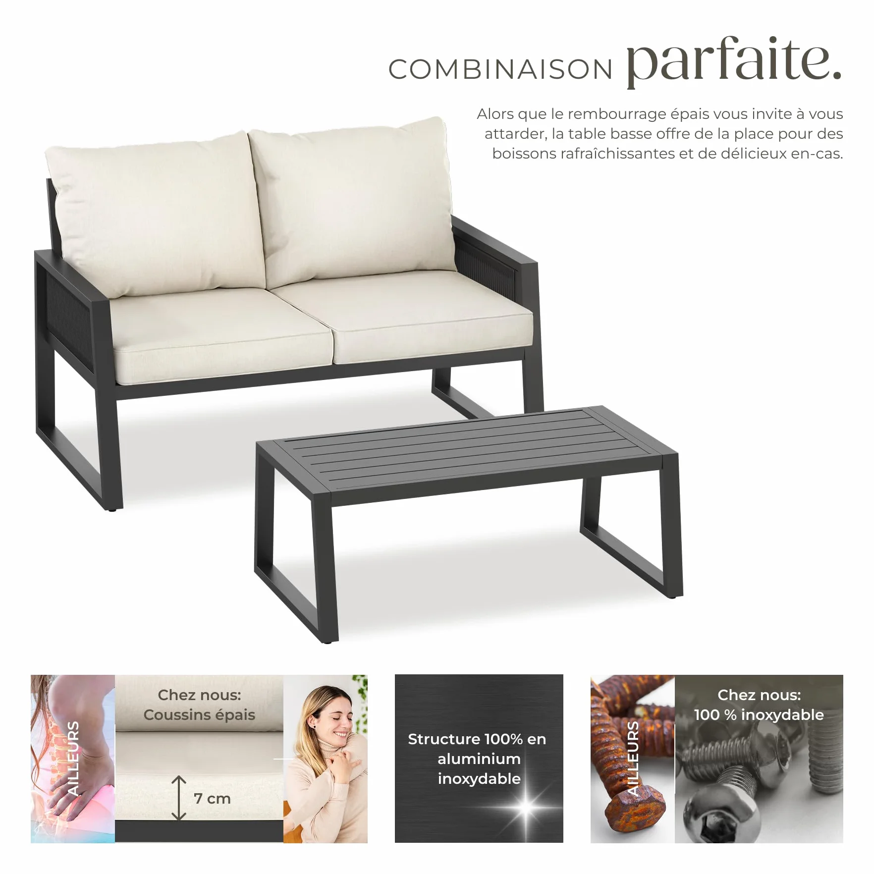 Tectake Salon de Jardin Canapé 2 Places Banquette Table Basse Coussins Inclus Cadre Aluminium laqué époxy Mobilier Exterieur