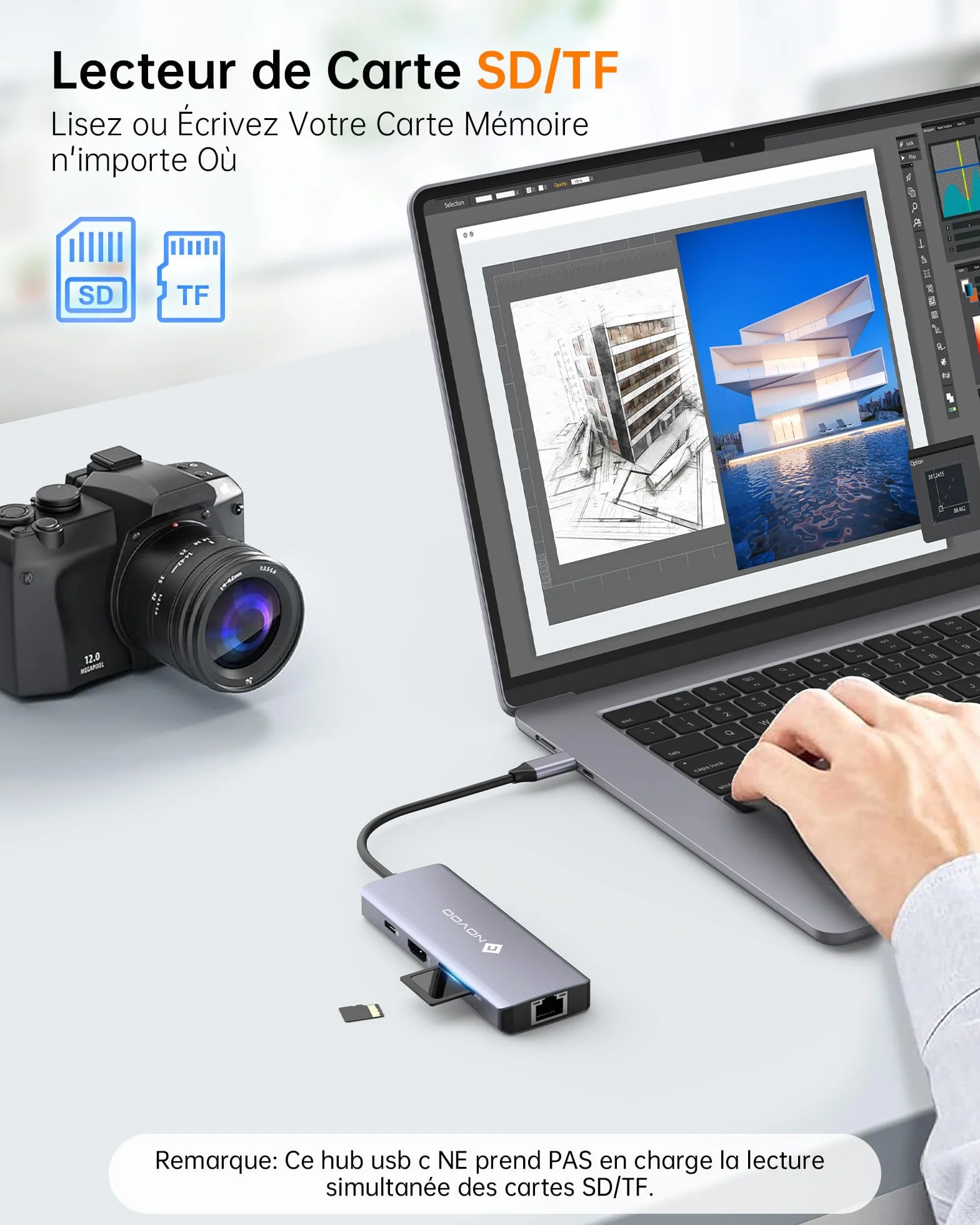 NOVOO 8-en-1 Hub USB C vers HDMI 4K@60Hz, Ethernet Gigabit, USB A 3x, 100W PD, SD/TF Multiport Dock